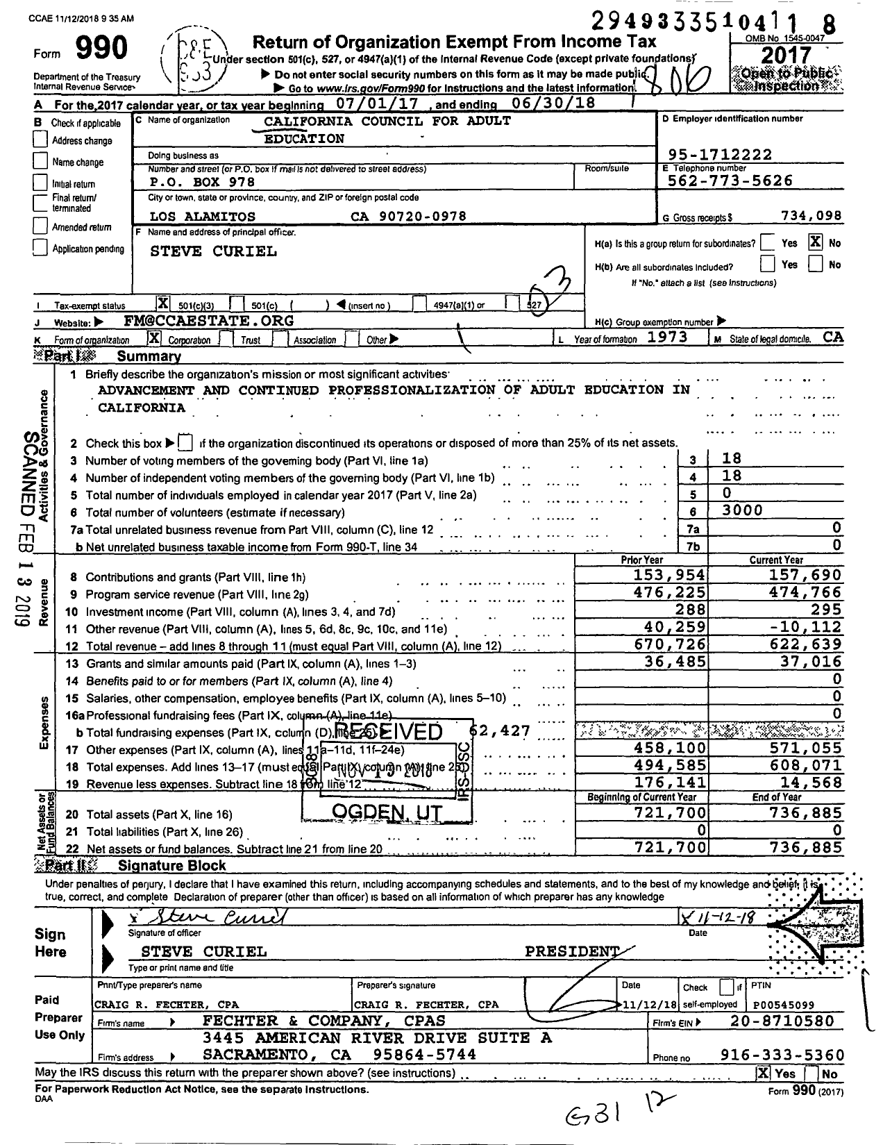 Image of first page of 2017 Form 990 for California Council for Adult Education