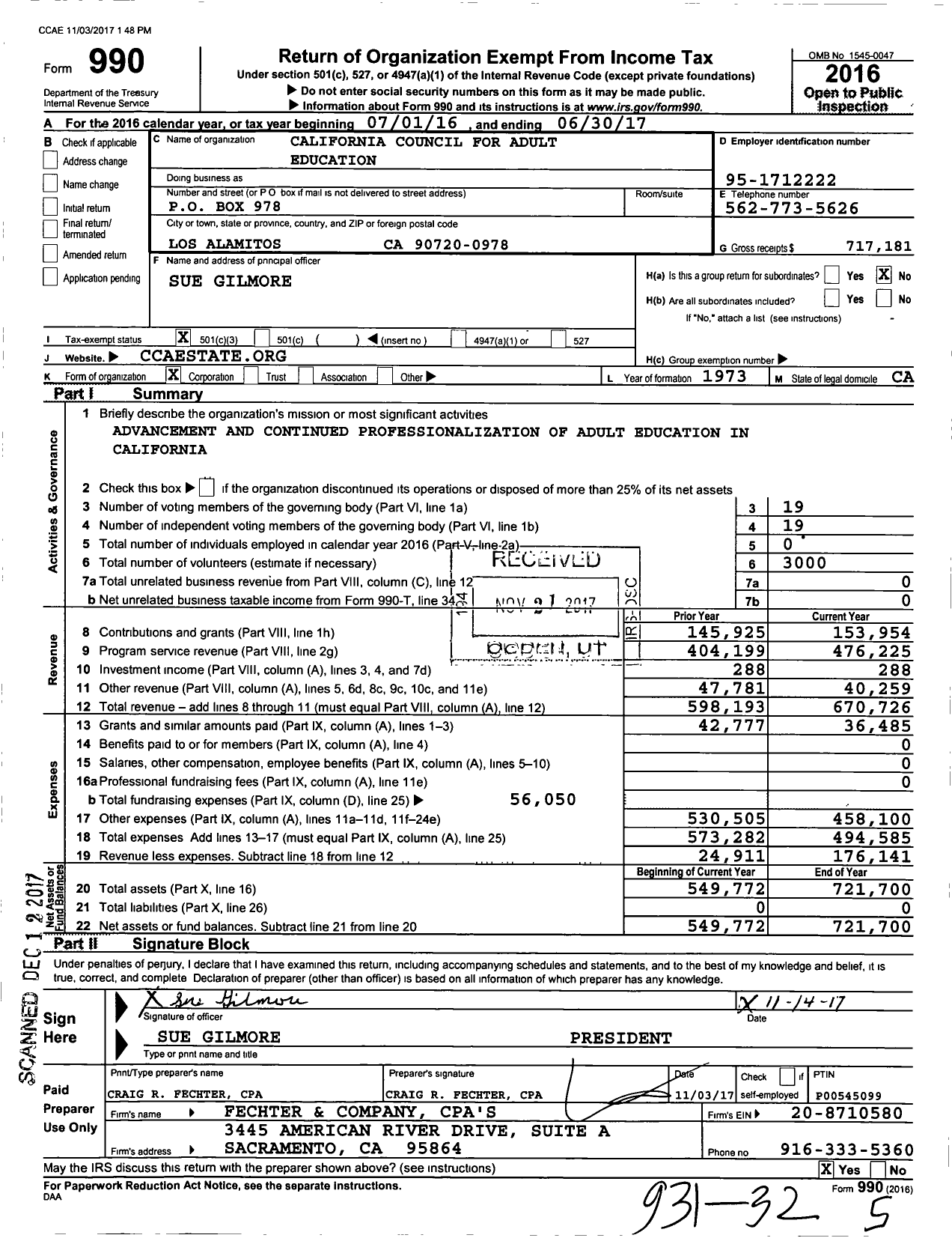 Image of first page of 2016 Form 990 for California Council for Adult Education