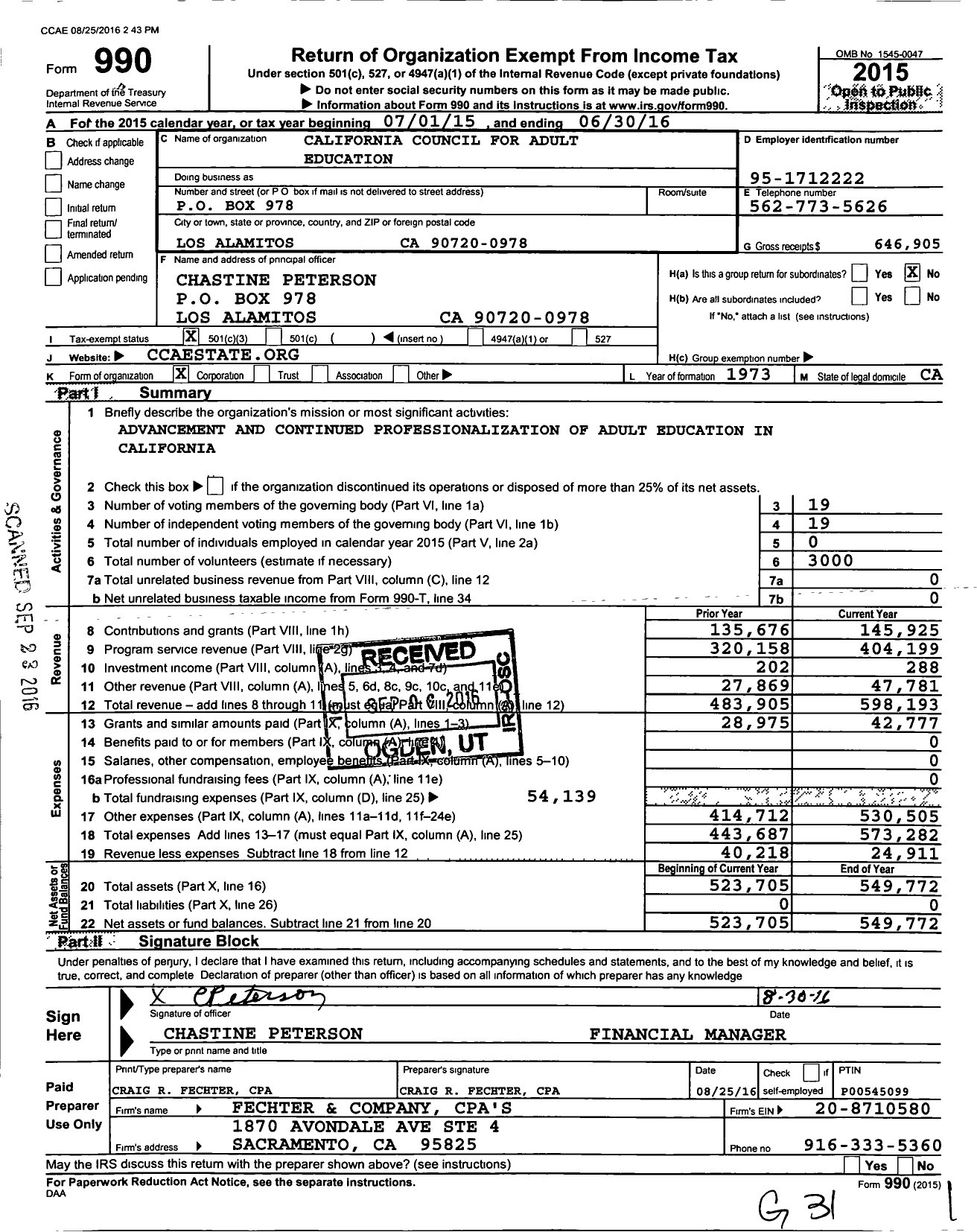 Image of first page of 2015 Form 990 for California Council for Adult Education