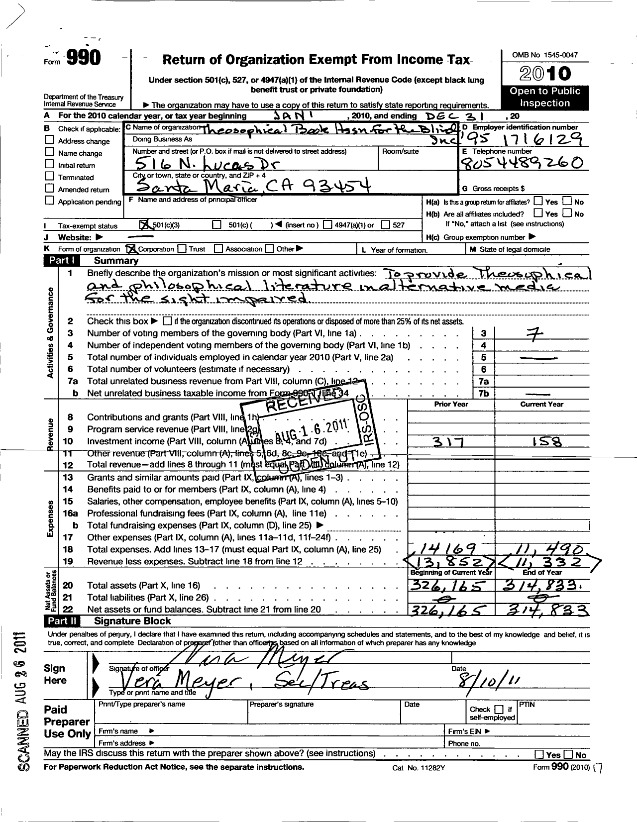 Image of first page of 2010 Form 990 for Philosophical Book Association of the Blind