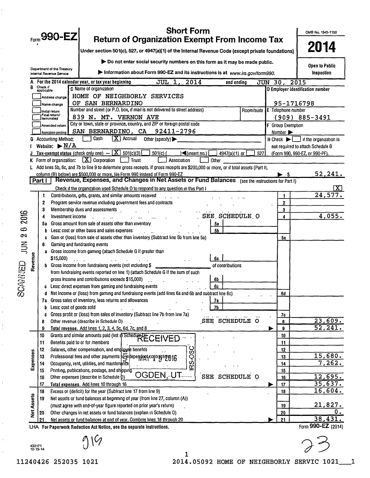 Image of first page of 2014 Form 990EZ for Home of Neighborly Services of San Bernardino