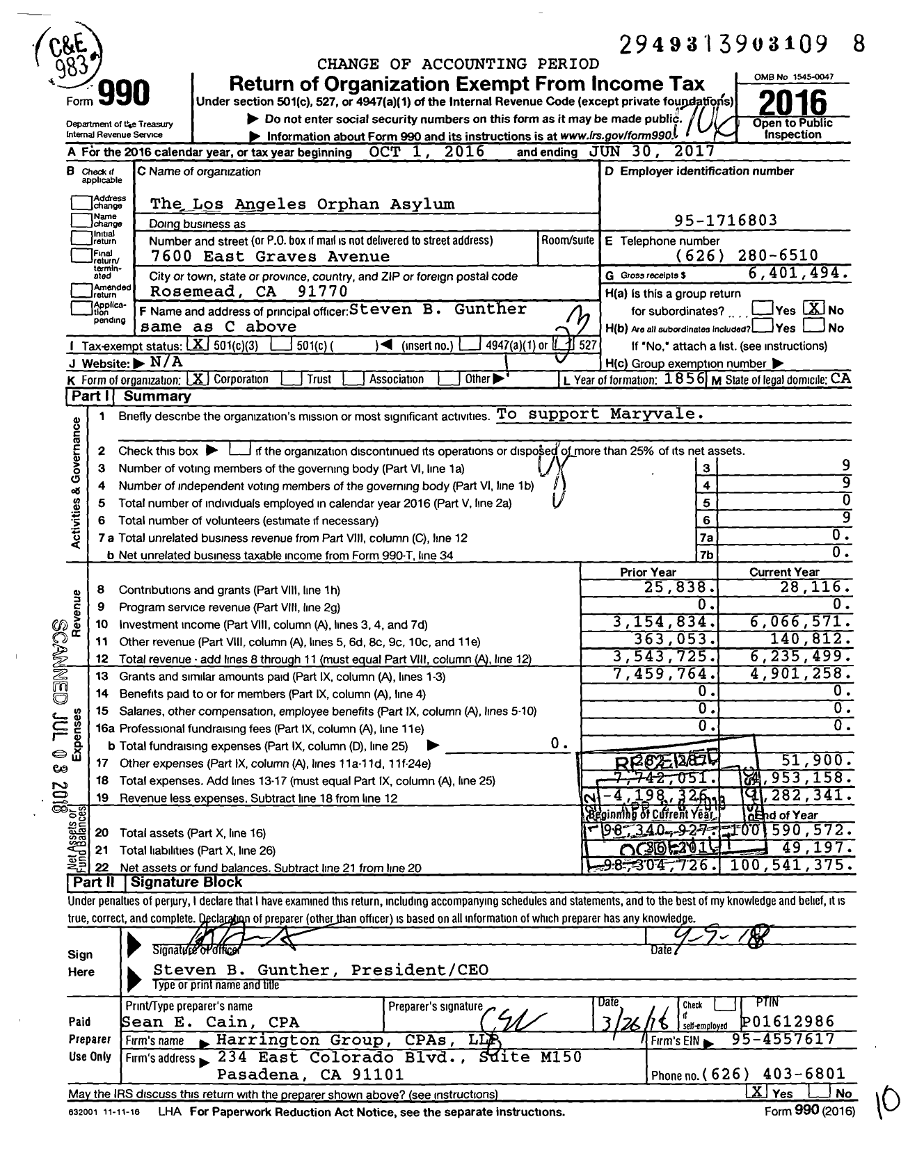 Image of first page of 2016 Form 990 for Los Angeles Orphan Asylum (LAOA)