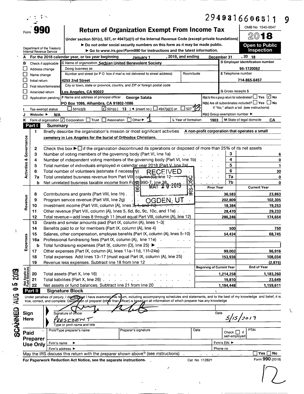 Image of first page of 2018 Form 990O for Serbian United Benevolent Society