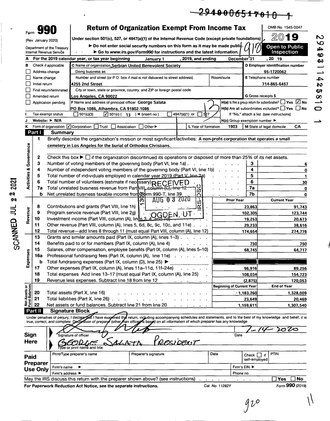 Image of first page of 2019 Form 990O for Serbian United Benevolent Society