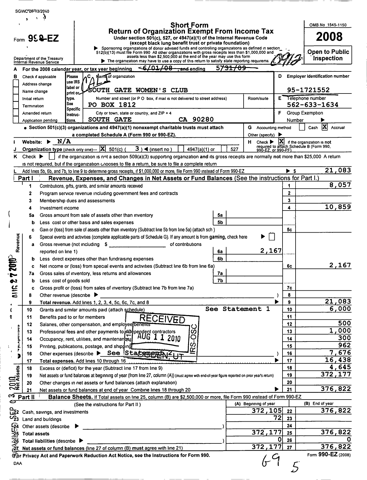 Image of first page of 2009 Form 990EZ for California Federation of Women's Clubs - South Gate Womens Club