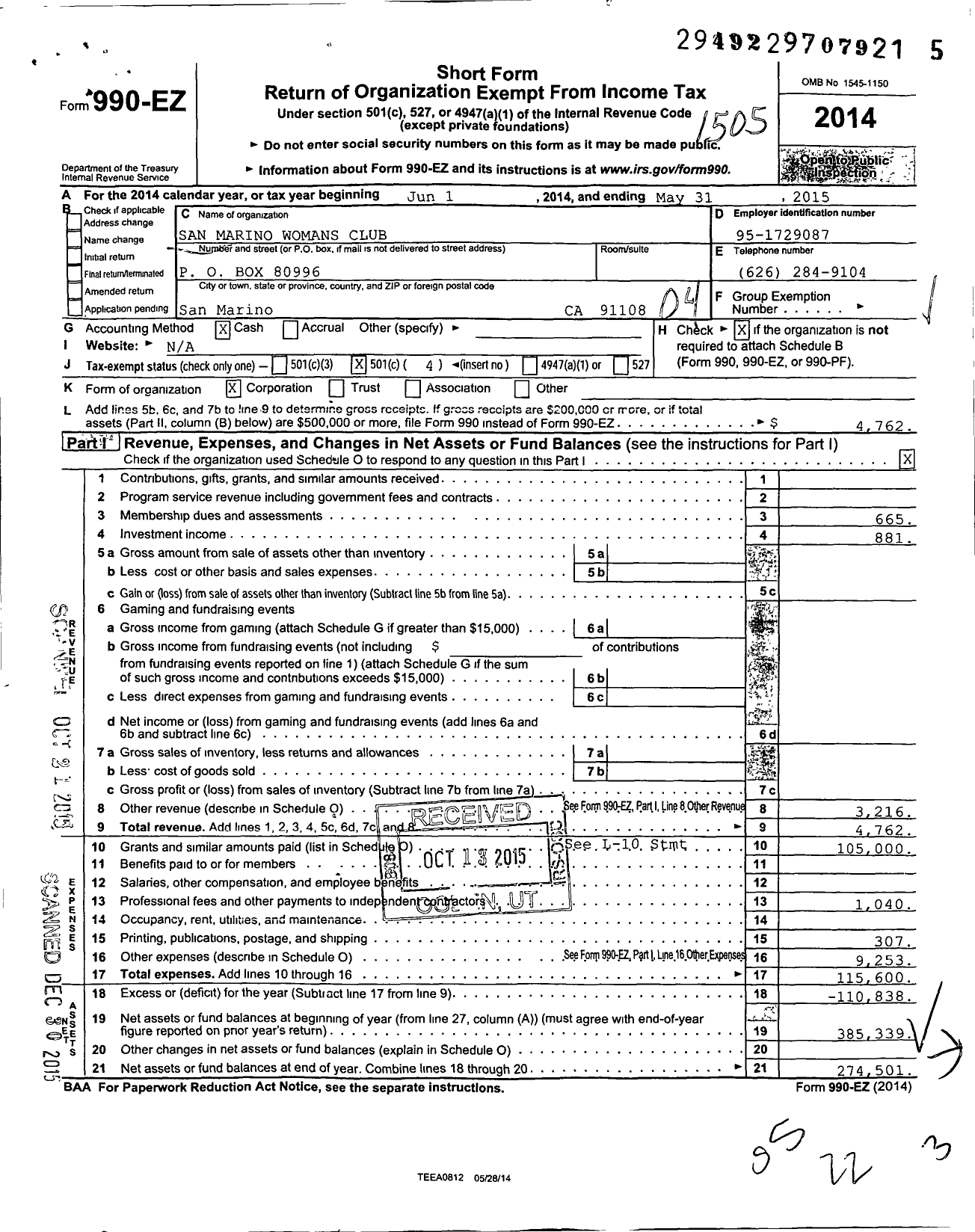 Image of first page of 2014 Form 990EO for San Marino Womans Club