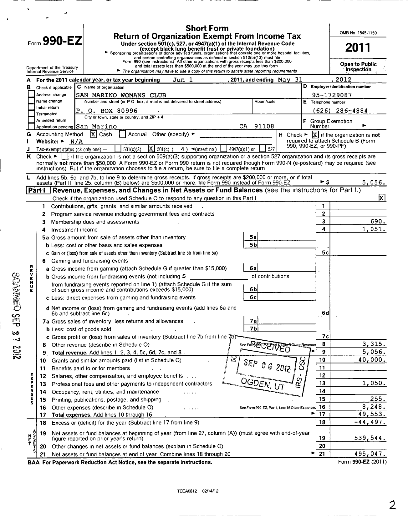 Image of first page of 2011 Form 990EO for San Marino Womans Club