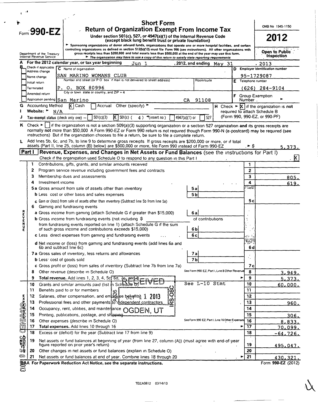 Image of first page of 2012 Form 990EO for San Marino Womans Club