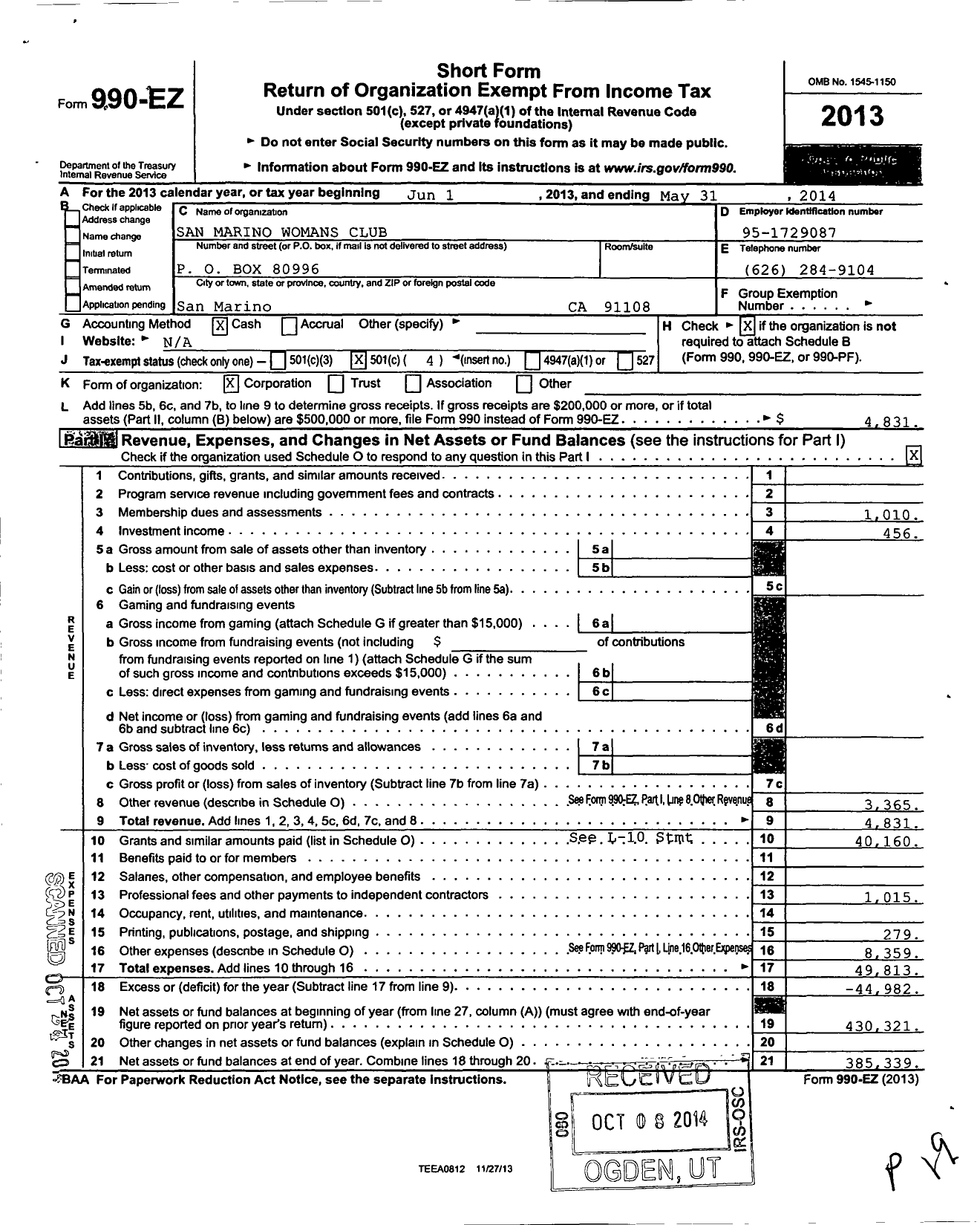 Image of first page of 2013 Form 990EO for San Marino Womans Club