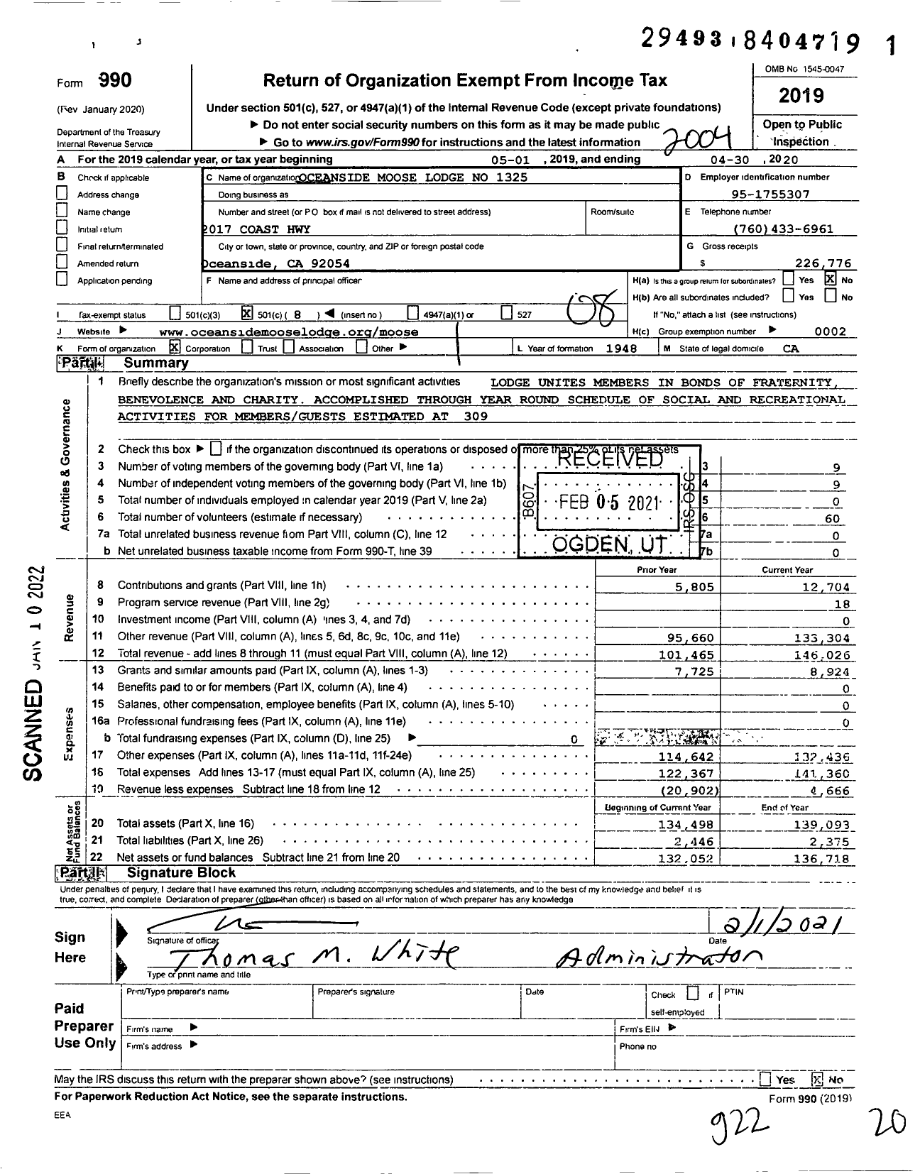 Image of first page of 2019 Form 990O for Oceanside Moose Lodge No 1325