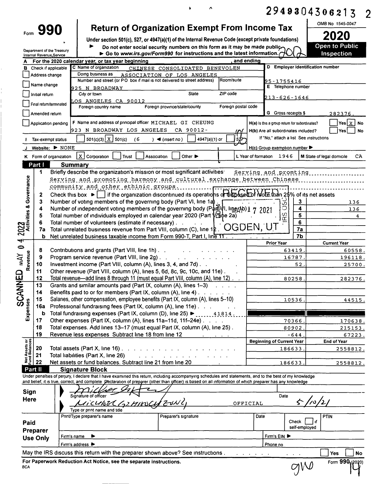 Image of first page of 2020 Form 990O for Chinese Consolidated Benevolent Association of Los Angeles