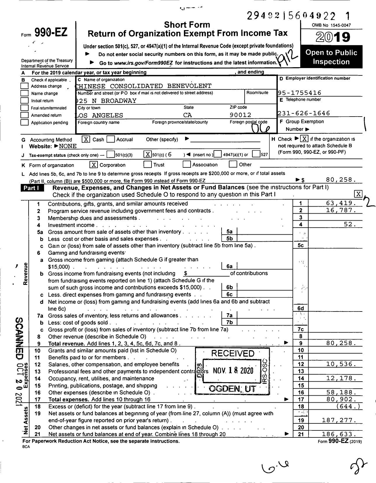 Image of first page of 2019 Form 990EO for Chinese Consolidated Benevolent Association of Los Angeles