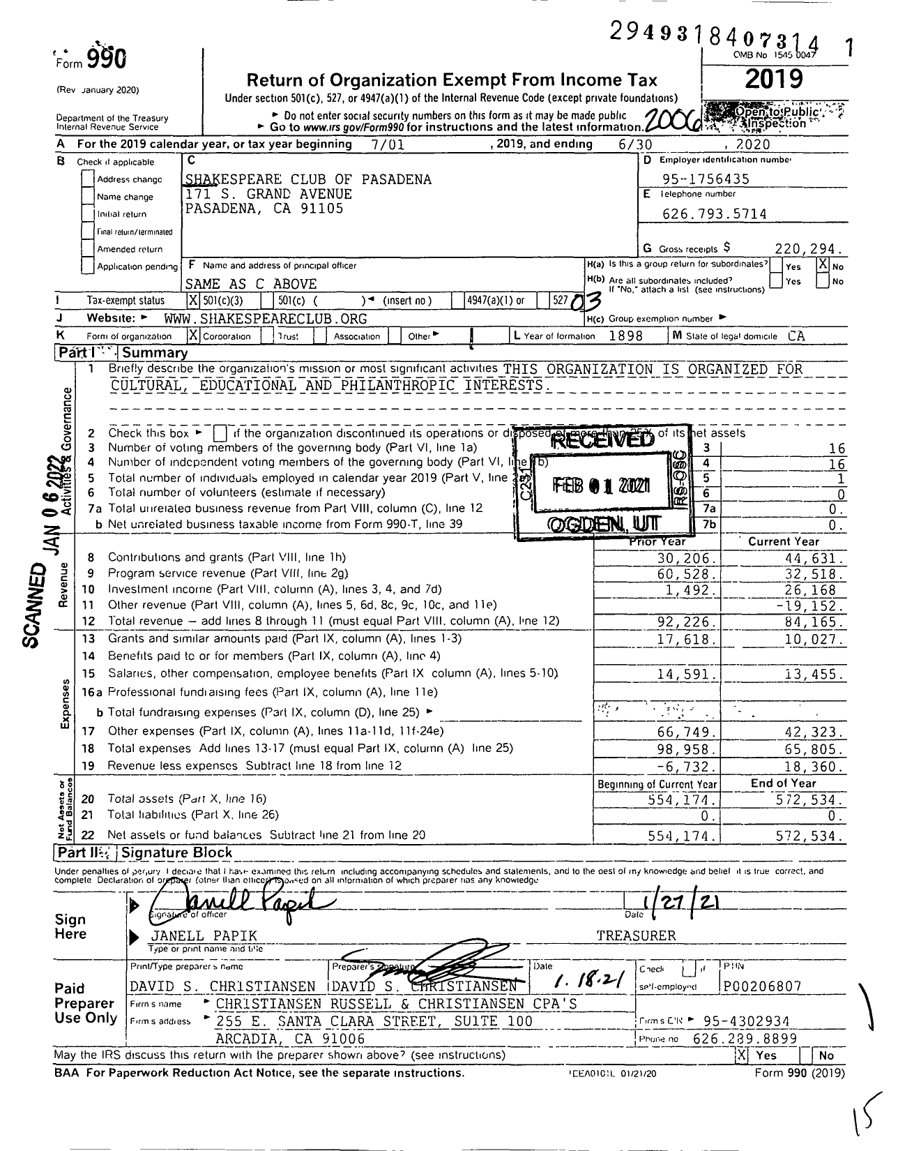 Image of first page of 2019 Form 990 for Shakespeare Club of Pasadena