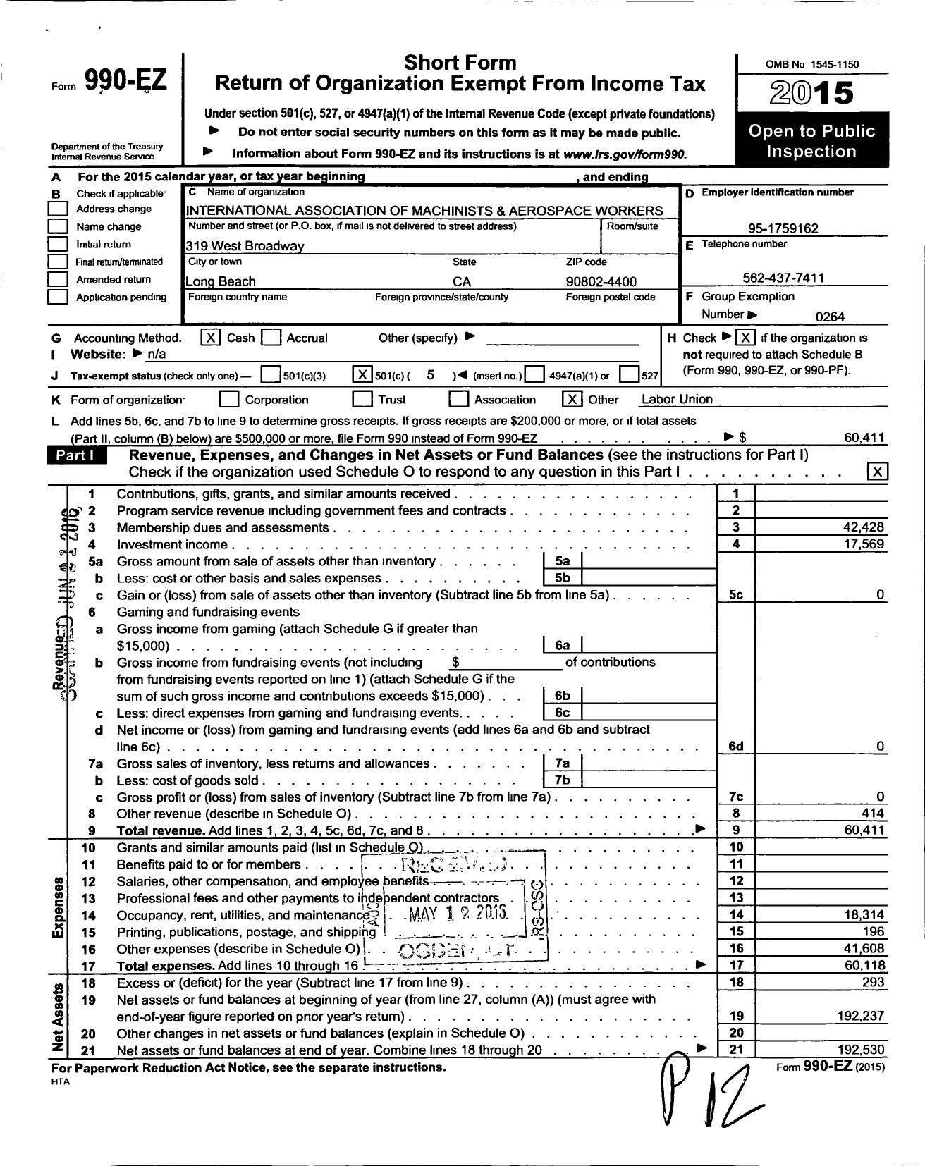 Image of first page of 2015 Form 990EO for International Association of Machinists and Aerospace Workers - 1930