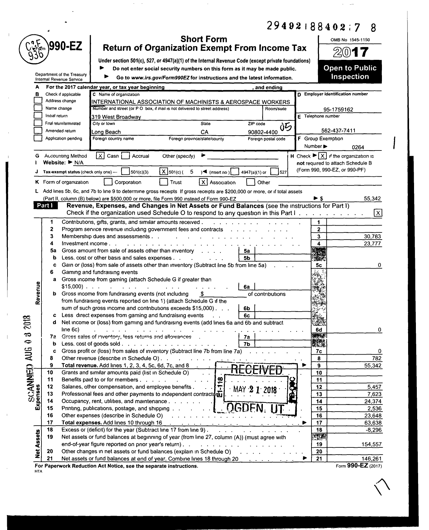 Image of first page of 2017 Form 990EO for International Association of Machinists and Aerospace Workers - 1930