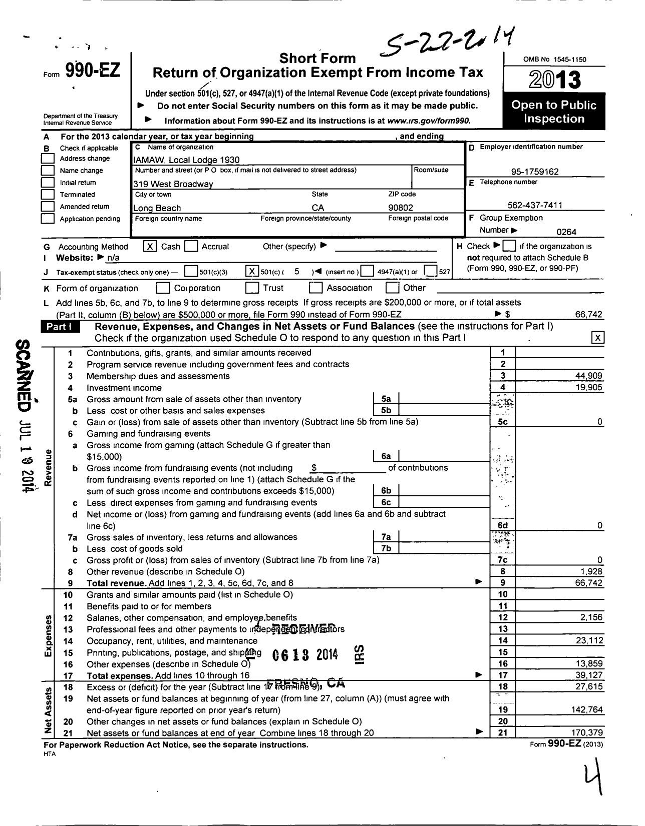 Image of first page of 2013 Form 990EO for International Association of Machinists and Aerospace Workers - 1930