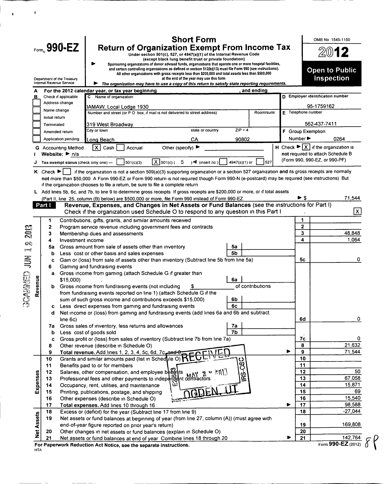 Image of first page of 2012 Form 990EO for International Association of Machinists and Aerospace Workers - 1930