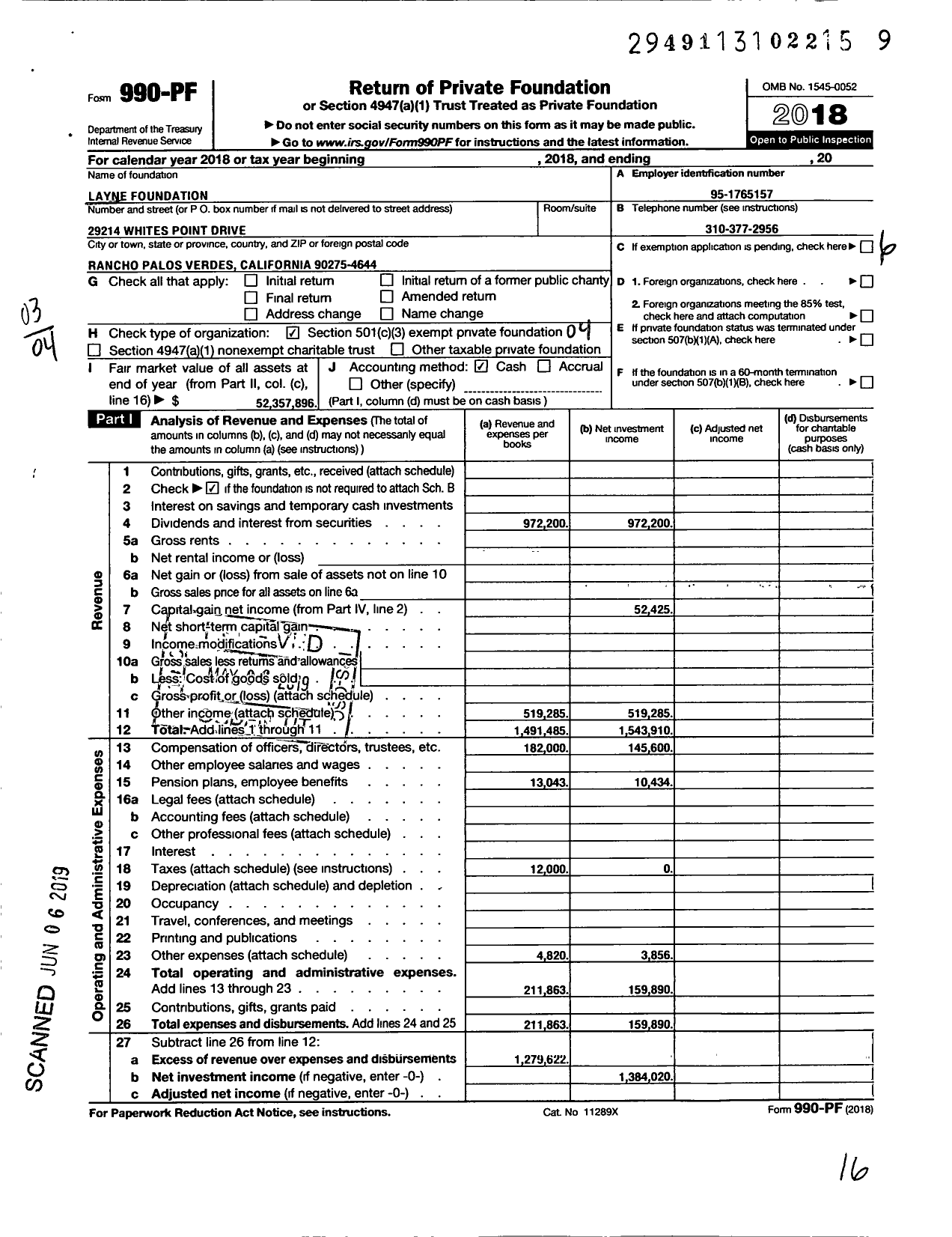 Image of first page of 2018 Form 990PF for Layne Foundation
