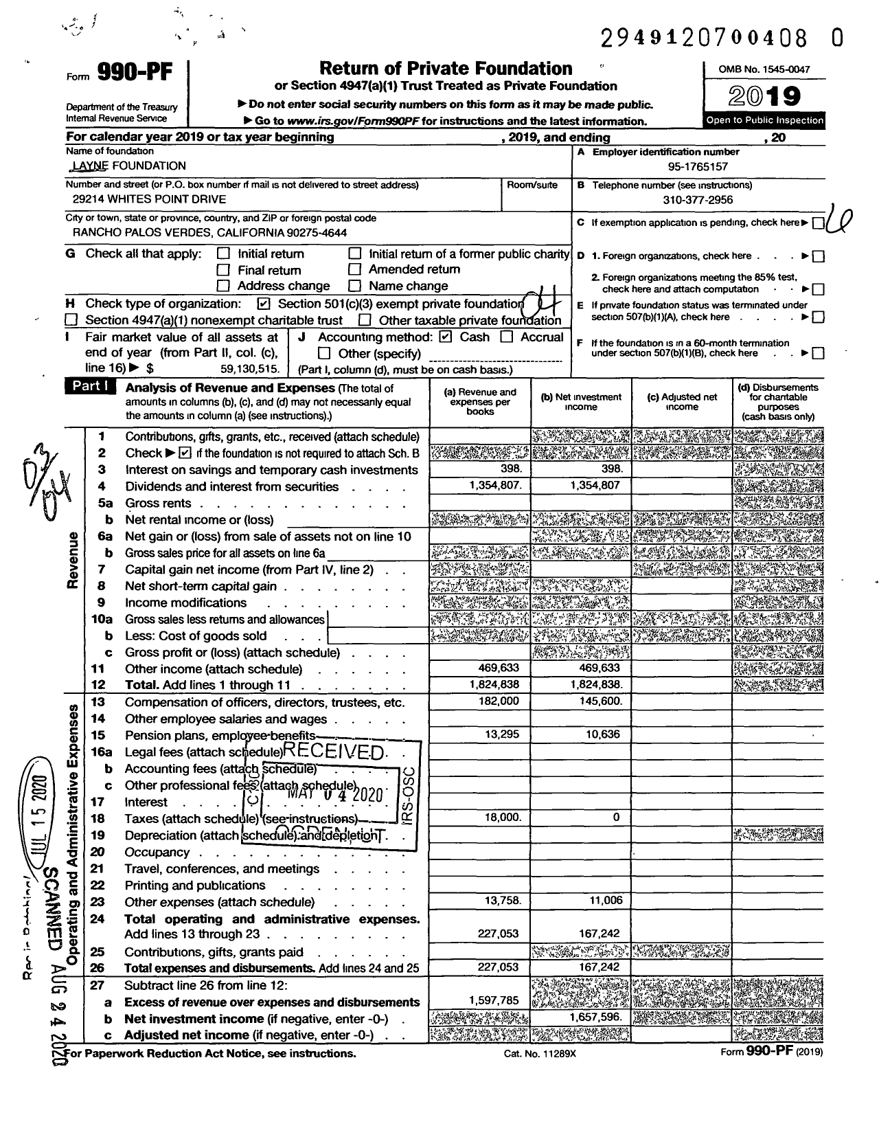 Image of first page of 2019 Form 990PR for Layne Foundation