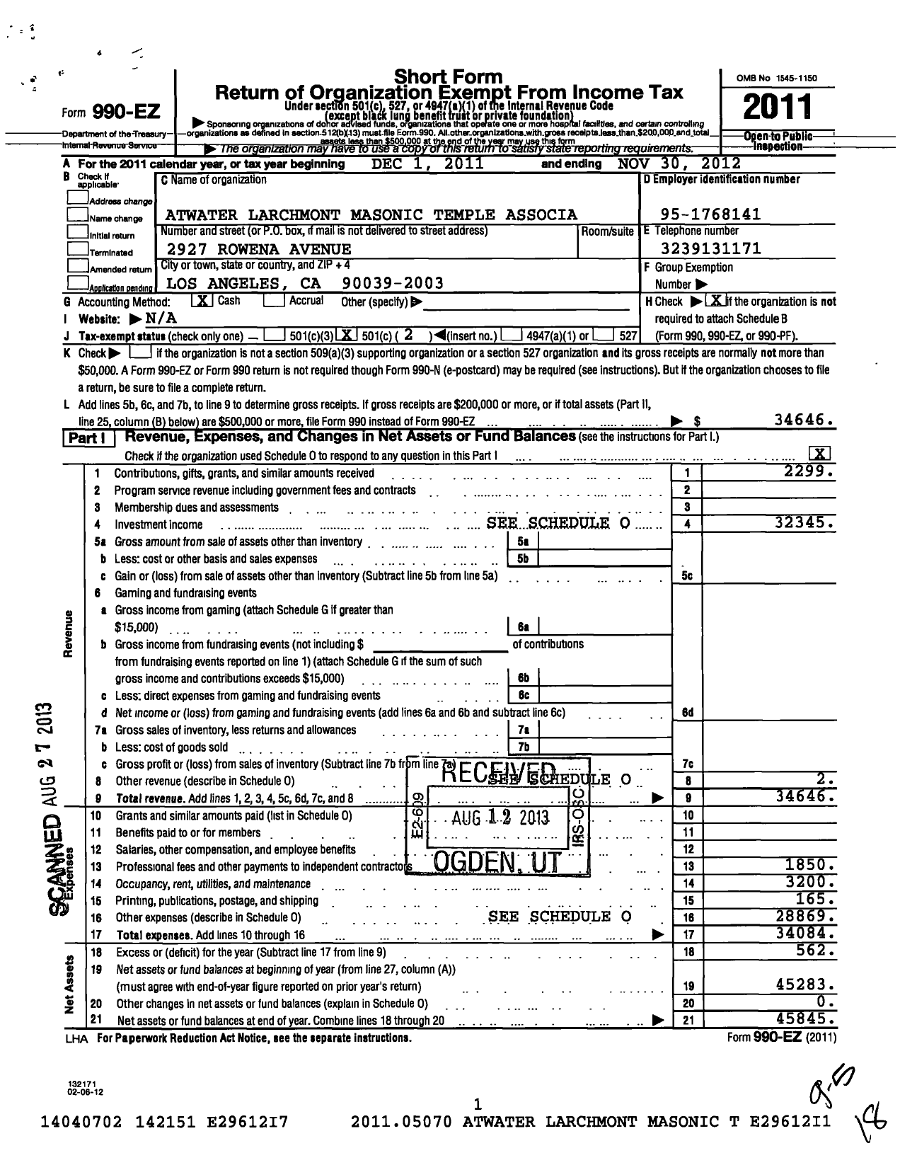 Image of first page of 2011 Form 990EO for Atwater Larchmont Temple Association