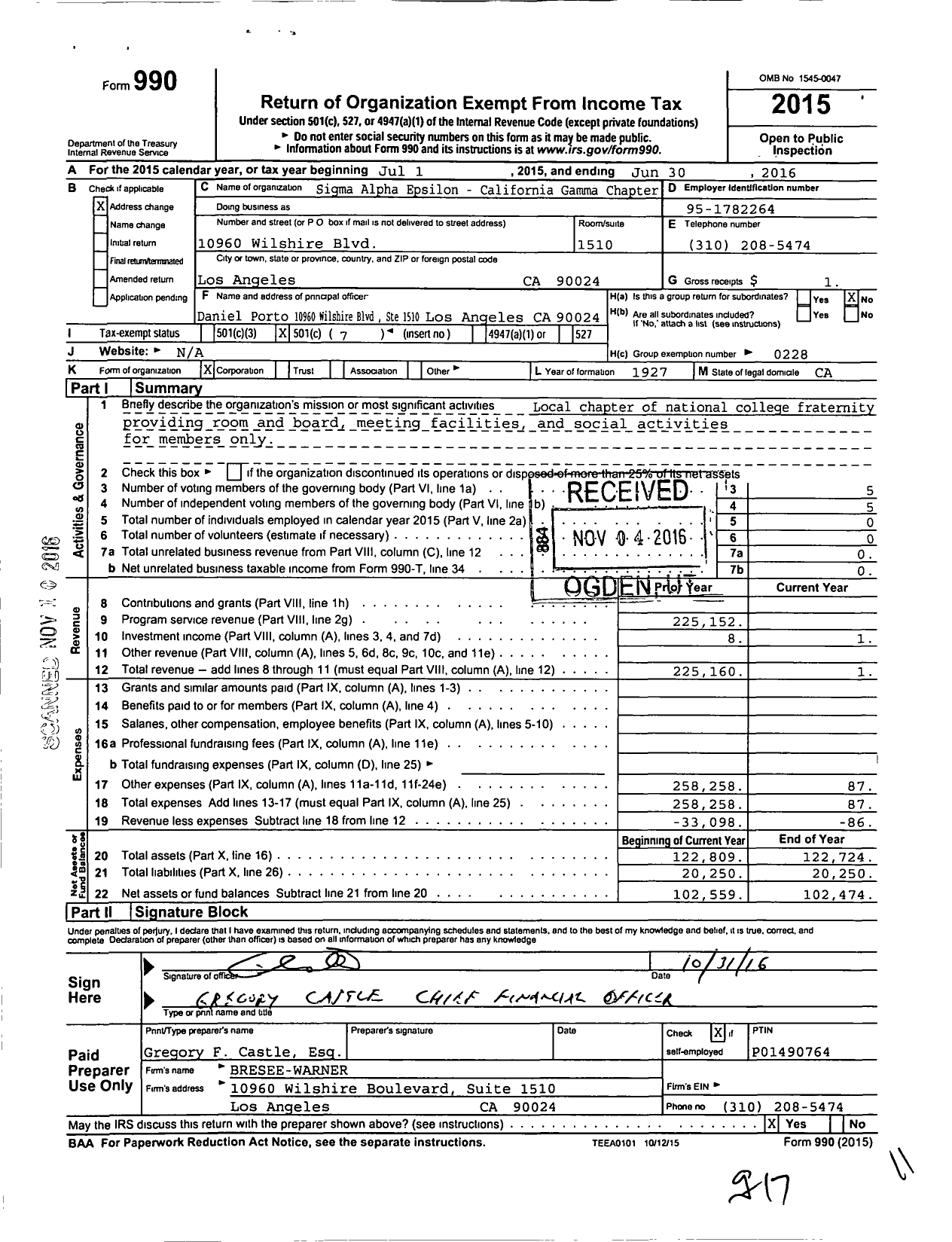 Image of first page of 2015 Form 990O for Sigma Alpha Epsilon Fraternity - California Gamma Chapter