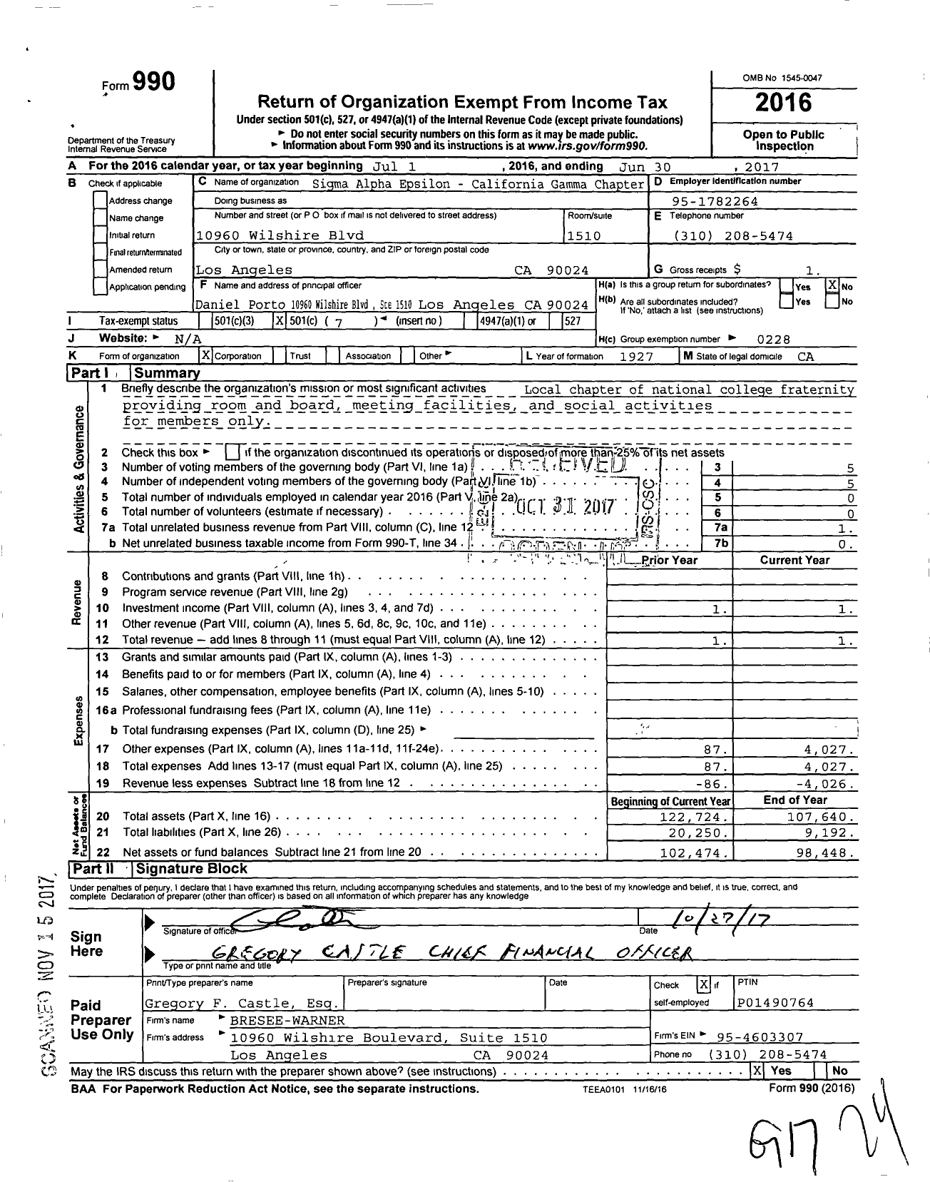 Image of first page of 2016 Form 990O for Sigma Alpha Epsilon Fraternity - California Gamma Chapter