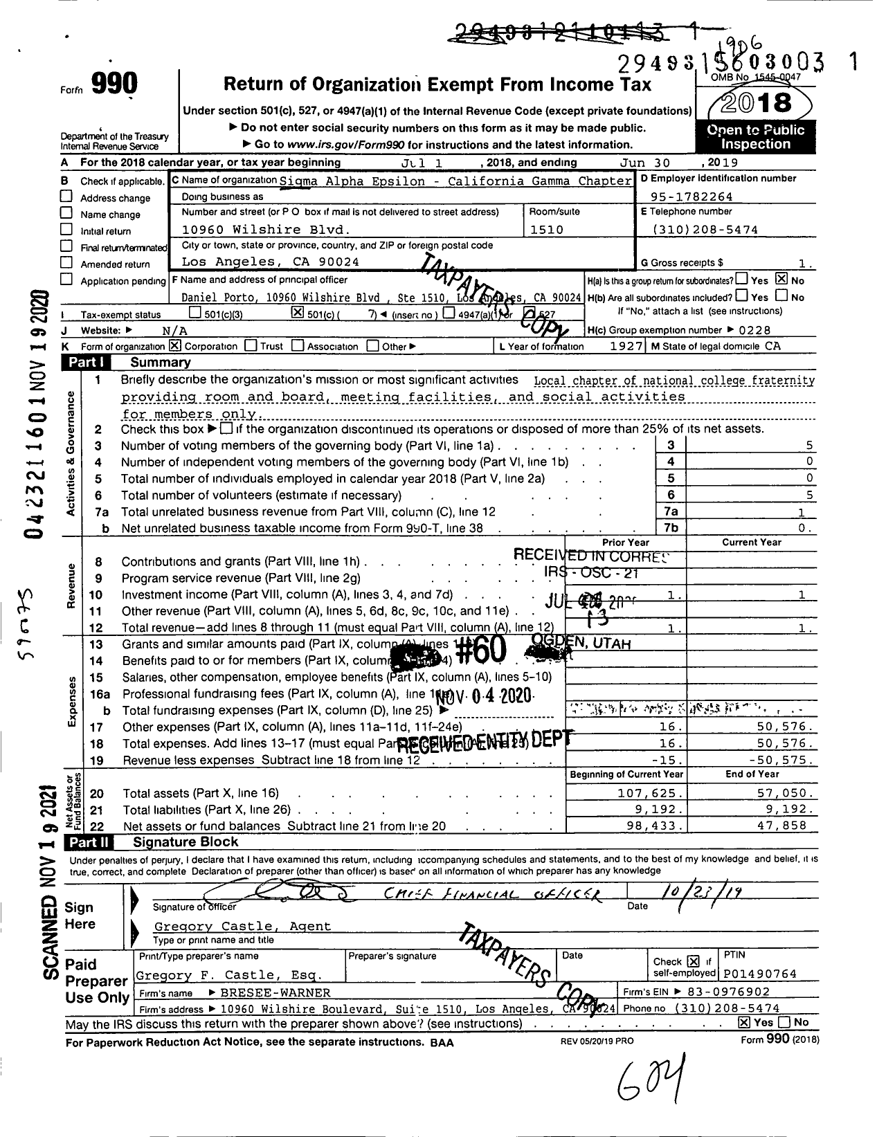 Image of first page of 2018 Form 990O for Sigma Alpha Epsilon Fraternity - California Gamma Chapter