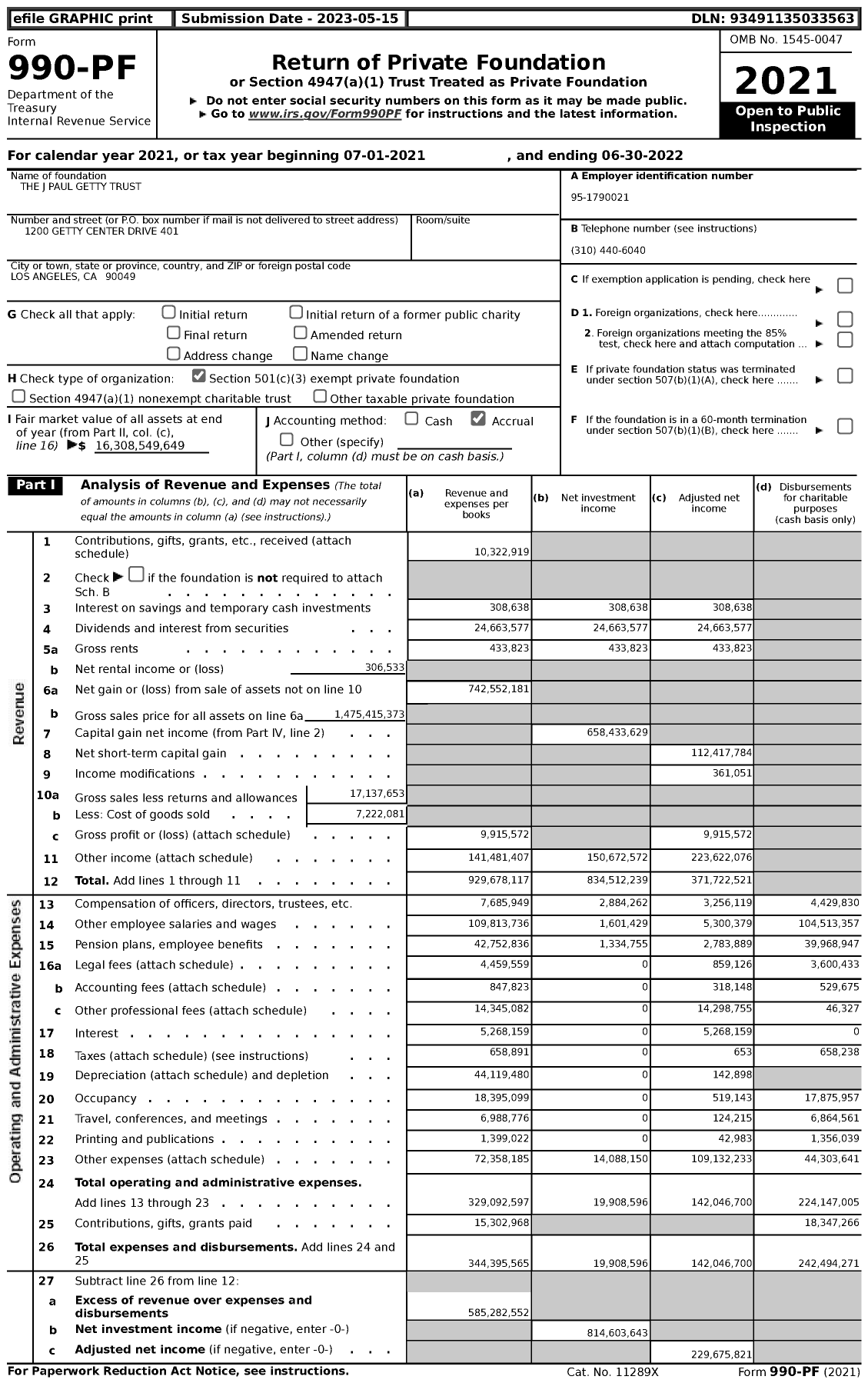 Image of first page of 2021 Form 990PF for J Paul Getty Trust