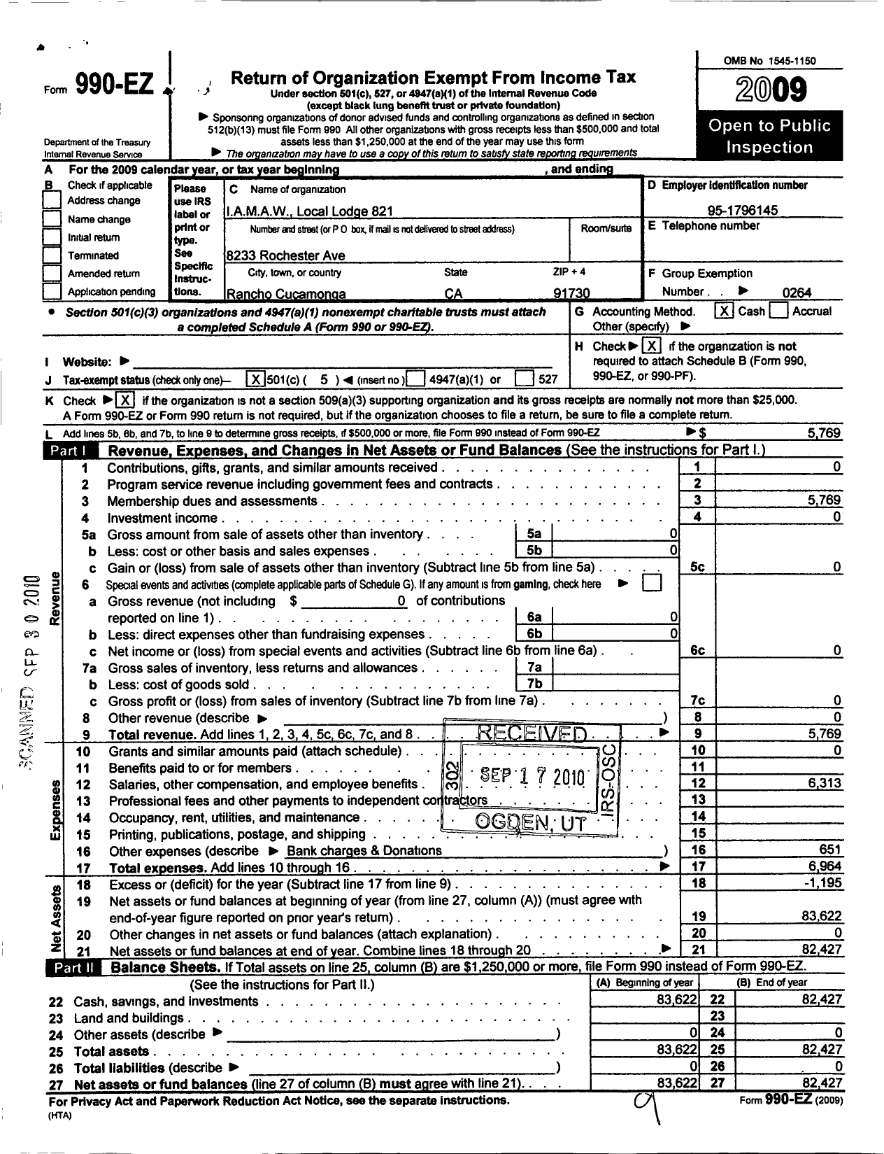 Image of first page of 2009 Form 990EO for International Association of Machinists and Aerospace Workers - 821