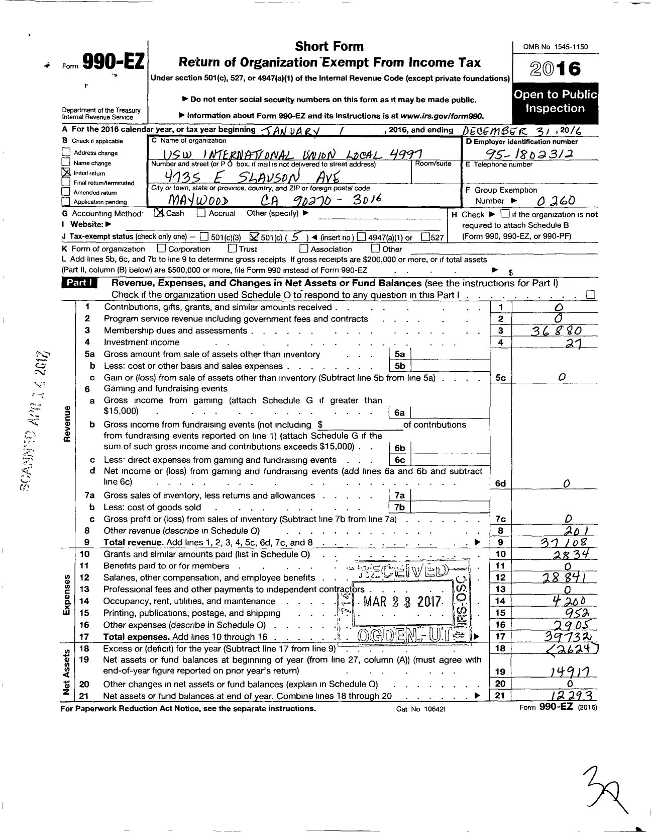 Image of first page of 2016 Form 990EO for United Steelworkers - 04997 Local