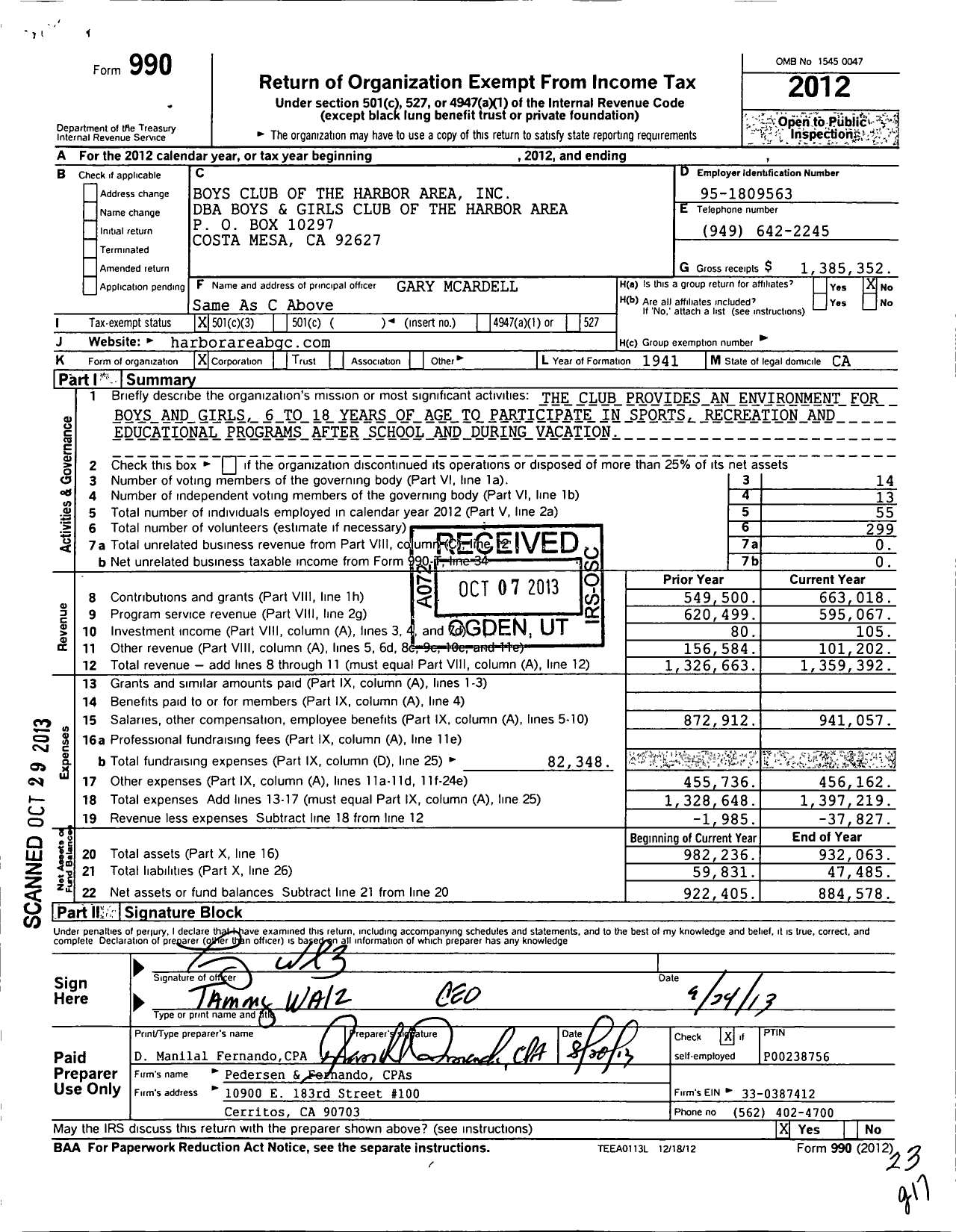 Image of first page of 2012 Form 990 for Boys Club of the Harbor Area