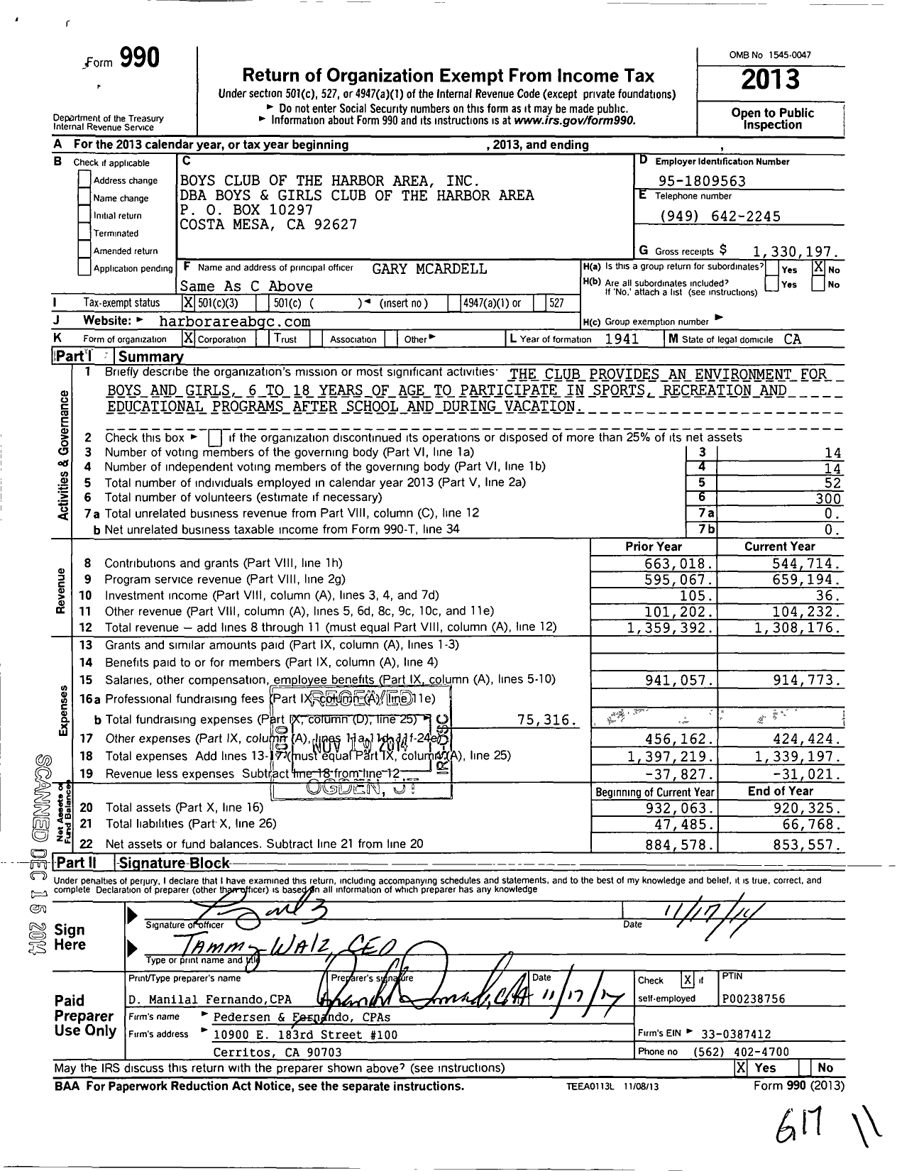 Image of first page of 2013 Form 990 for Boys Club of the Harbor Area