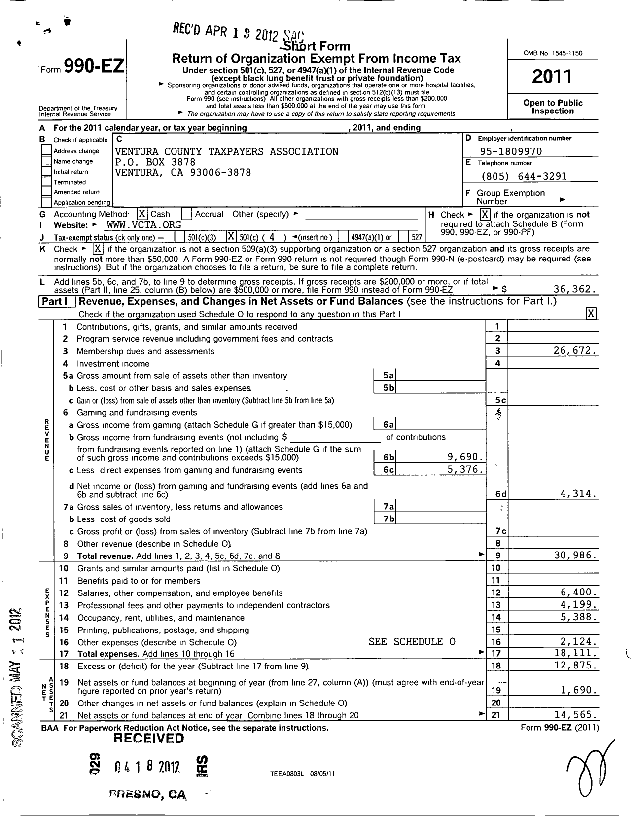 Image of first page of 2011 Form 990EO for Ventura County Taxpayers Association