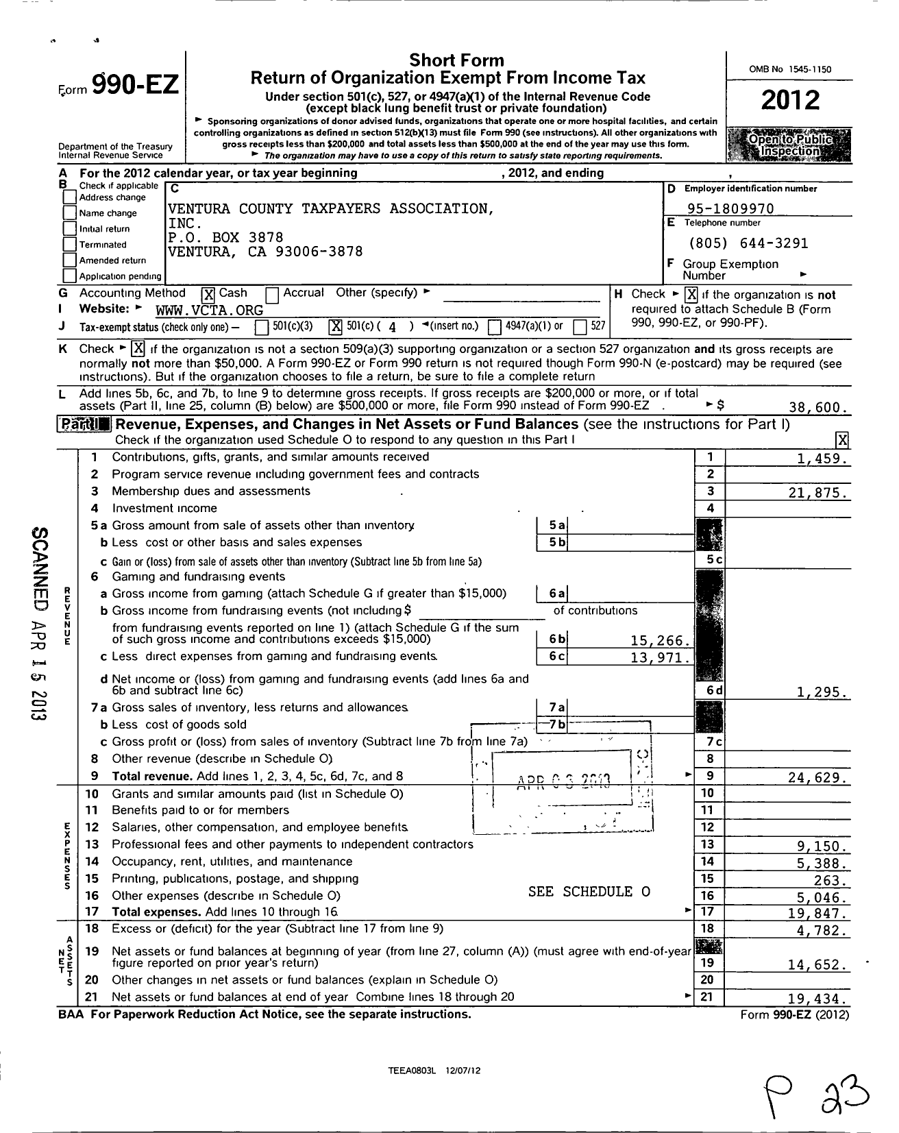 Image of first page of 2012 Form 990EO for Ventura County Taxpayers Association