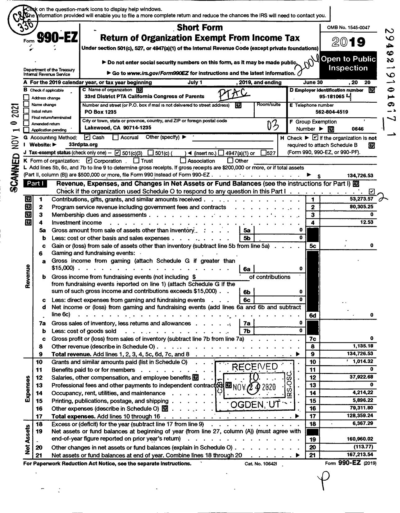 Image of first page of 2019 Form 990EZ for CALIFORNIA State PTA - 33rd District PTA