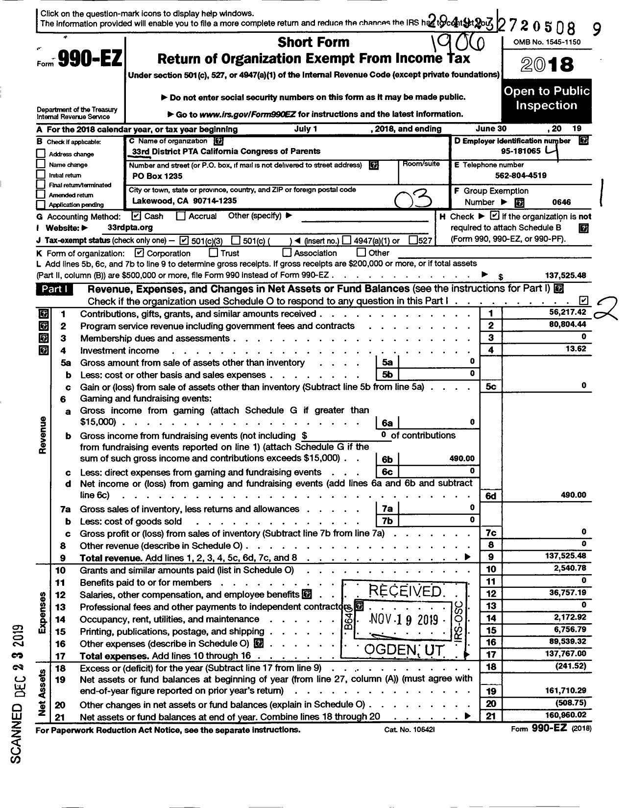 Image of first page of 2018 Form 990EZ for CALIFORNIA State PTA - 33rd District PTA