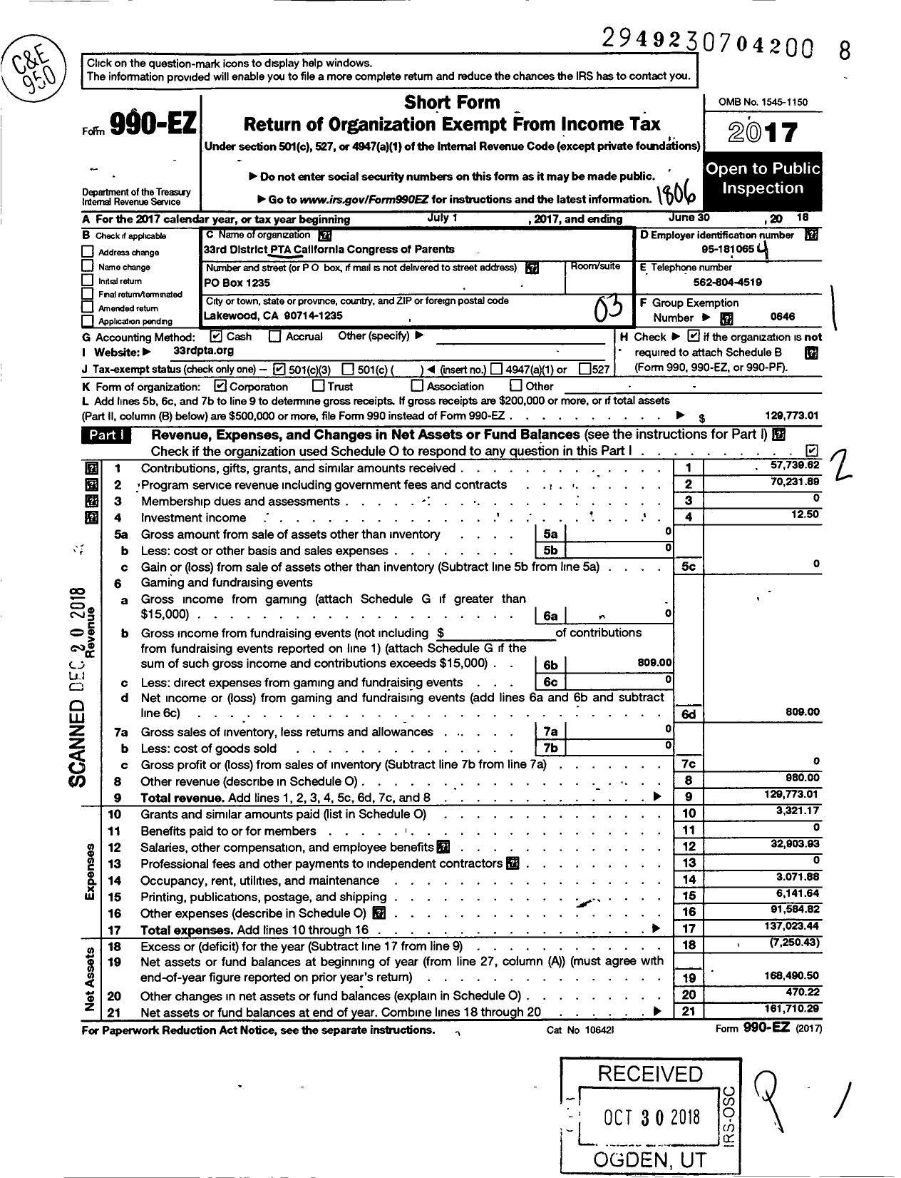 Image of first page of 2017 Form 990EZ for CALIFORNIA State PTA - 33rd District PTA