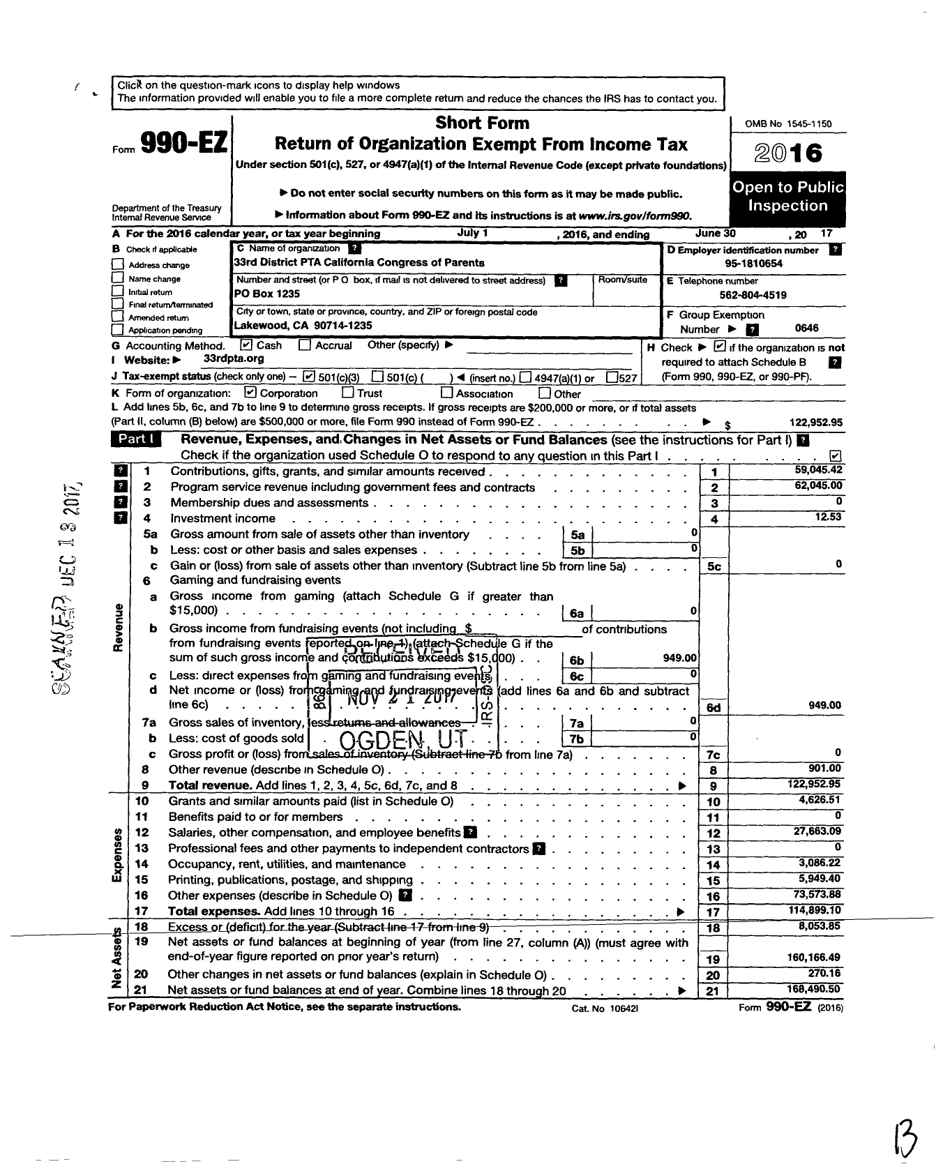 Image of first page of 2016 Form 990EZ for CALIFORNIA State PTA - 33rd District PTA