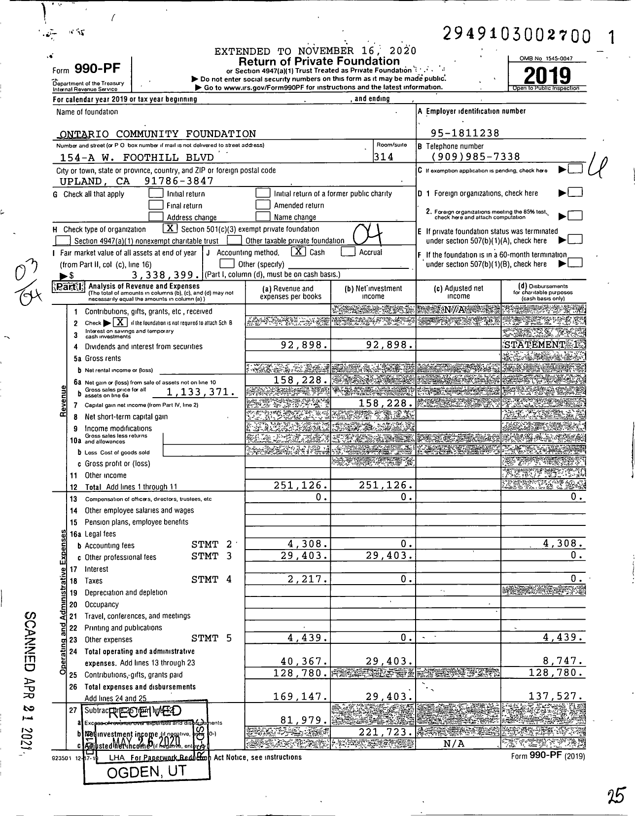 Image of first page of 2019 Form 990PF for Ontario Community Foundation