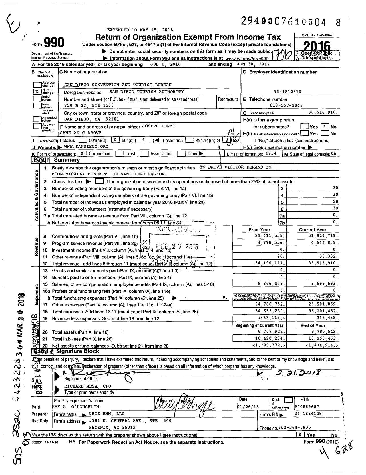 Image of first page of 2016 Form 990O for San Diego Tourism Authority / San Diego Convention and Tourist Bureau