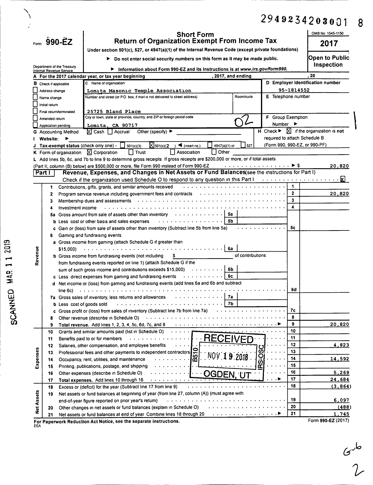 Image of first page of 2017 Form 990EO for Lomita Masonic Temple Association