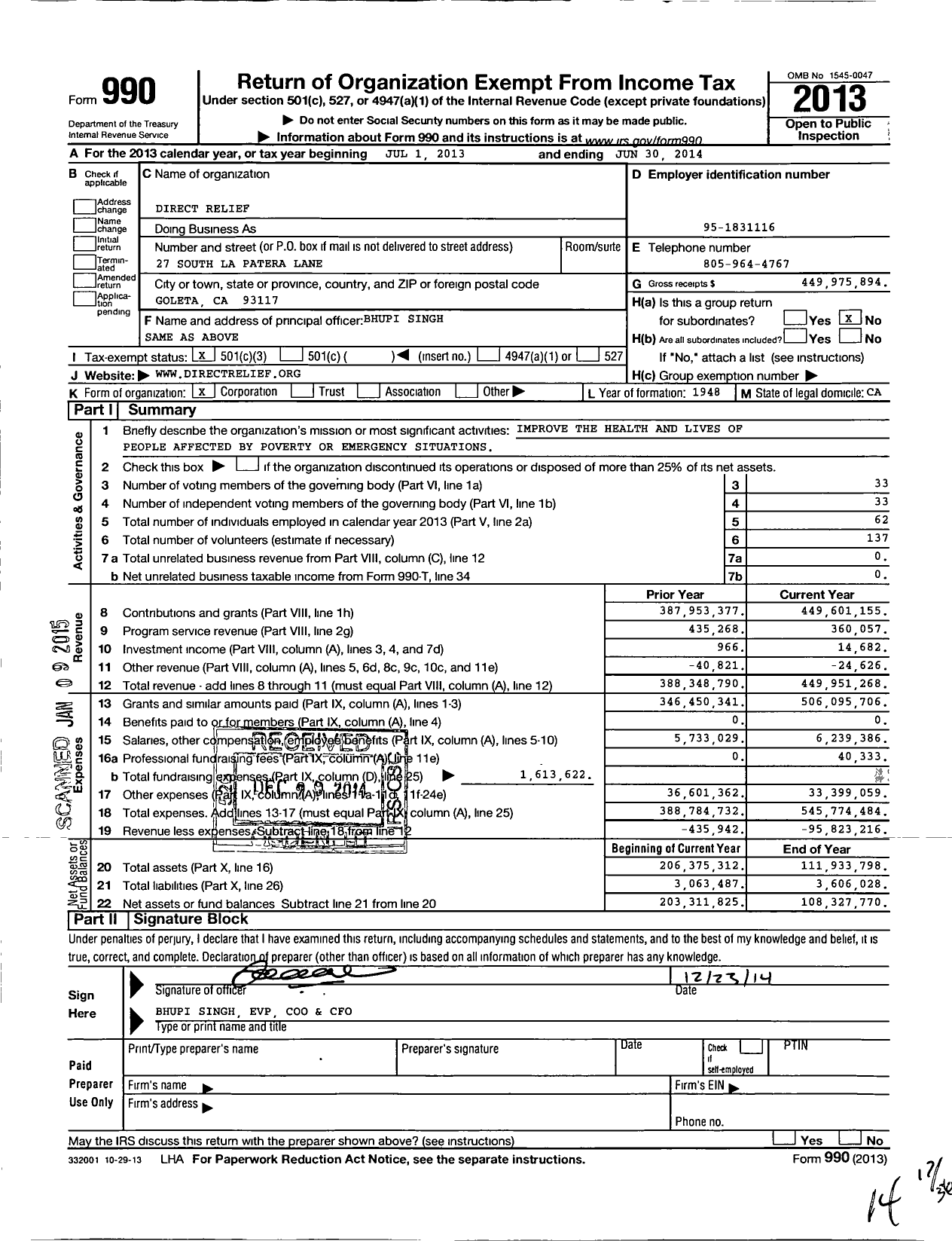 Image of first page of 2013 Form 990 for Direct Relief