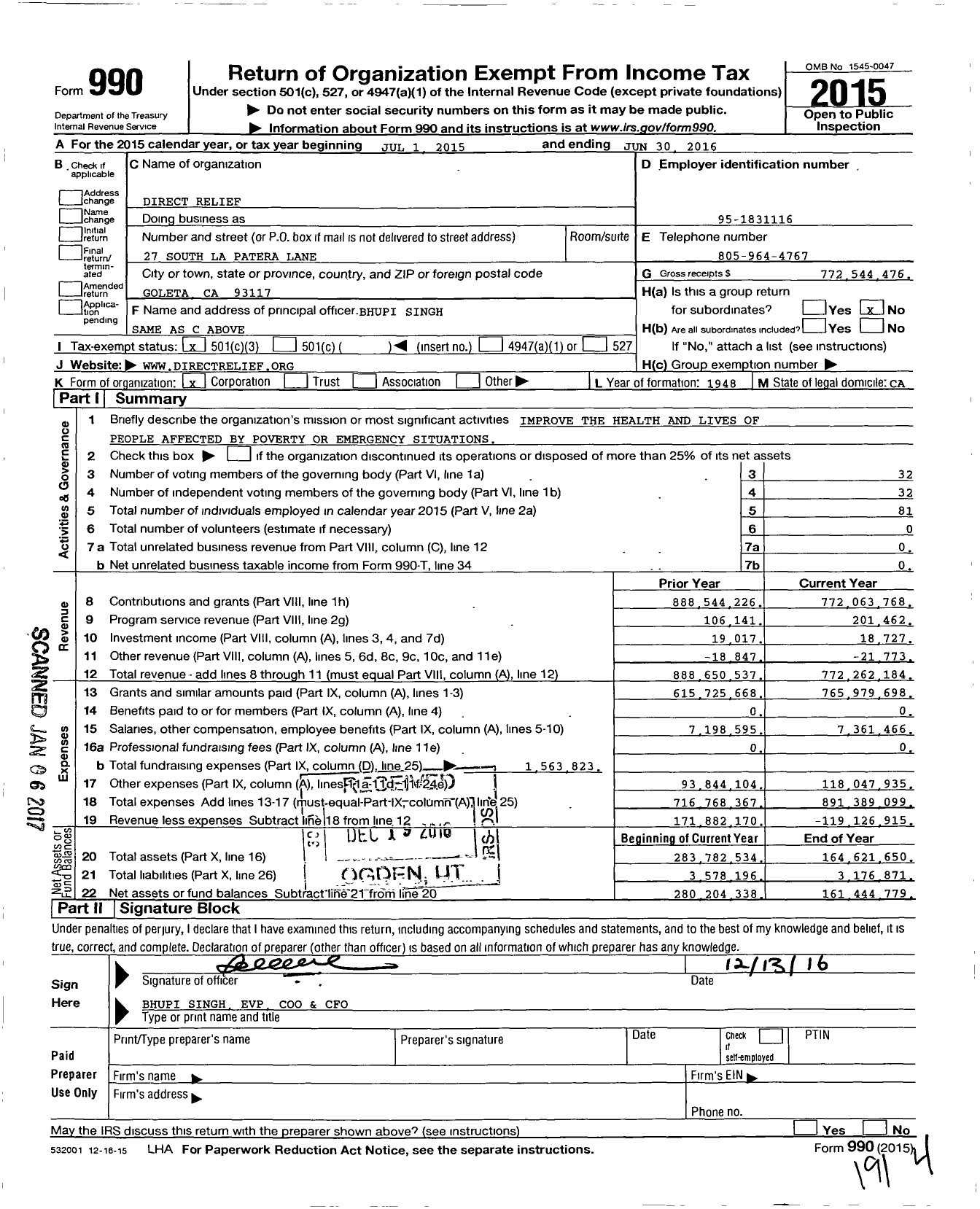 Image of first page of 2015 Form 990 for Direct Relief