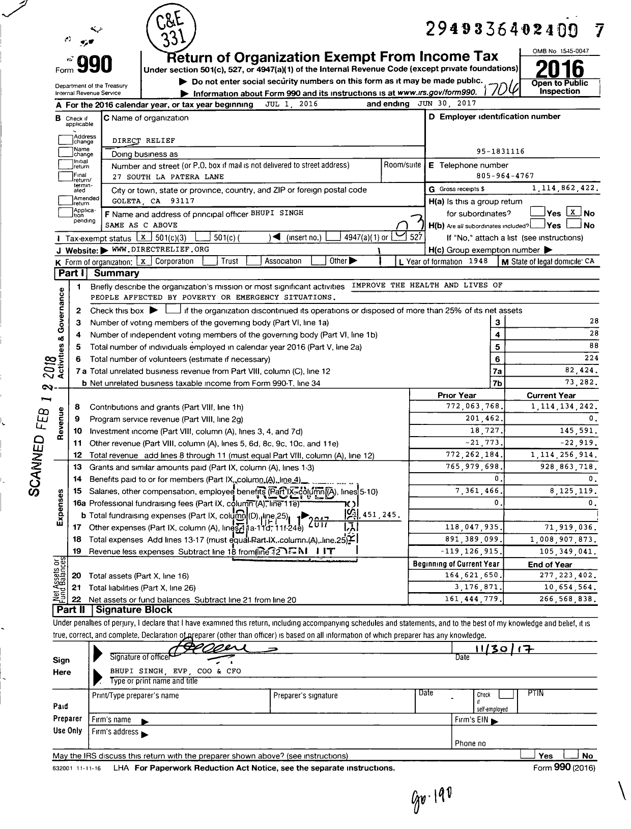Image of first page of 2016 Form 990 for Direct Relief