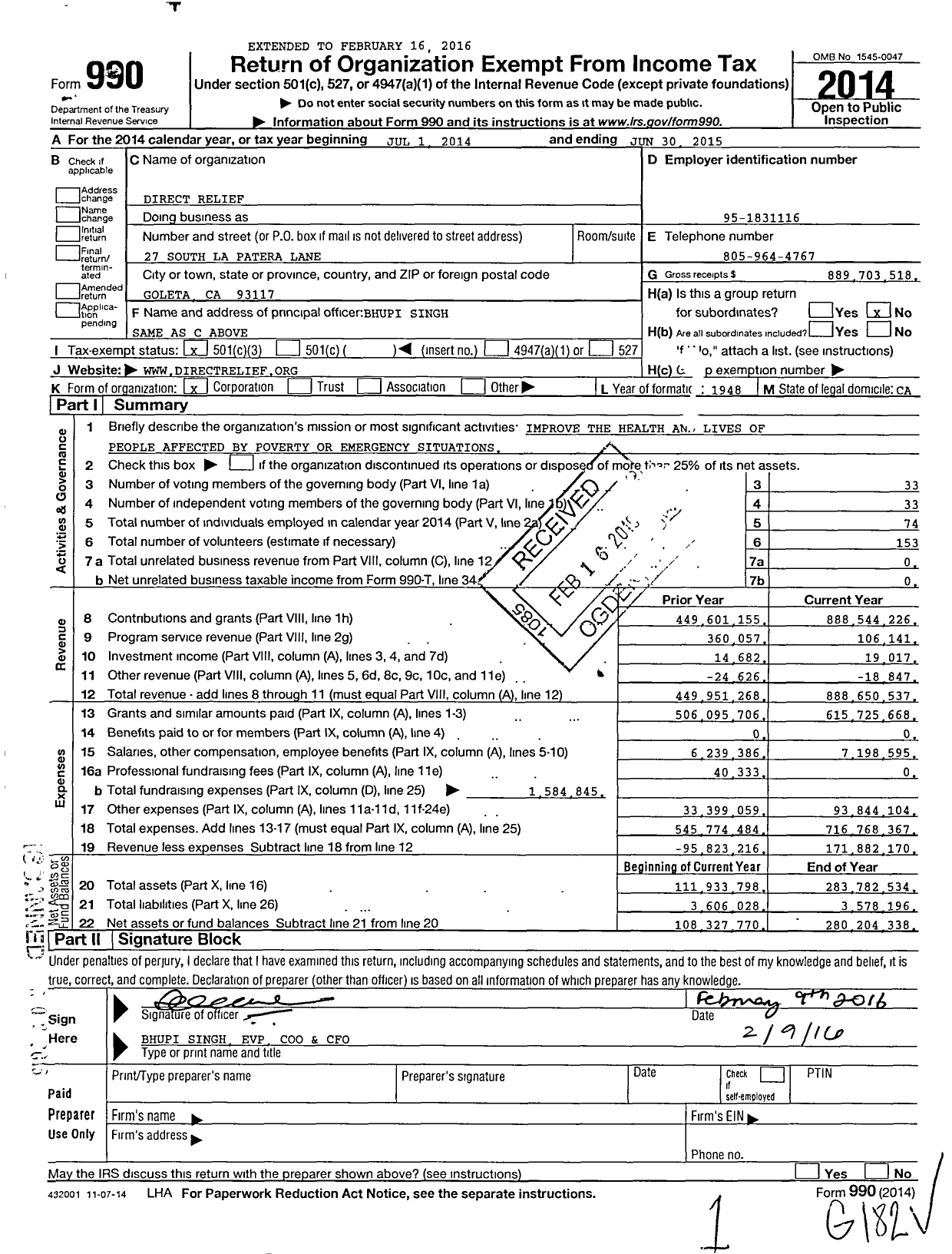Image of first page of 2014 Form 990 for Direct Relief