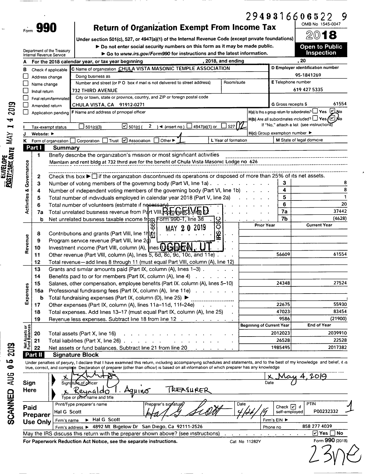 Image of first page of 2018 Form 990O for Chula Vista Masonic Temple Association