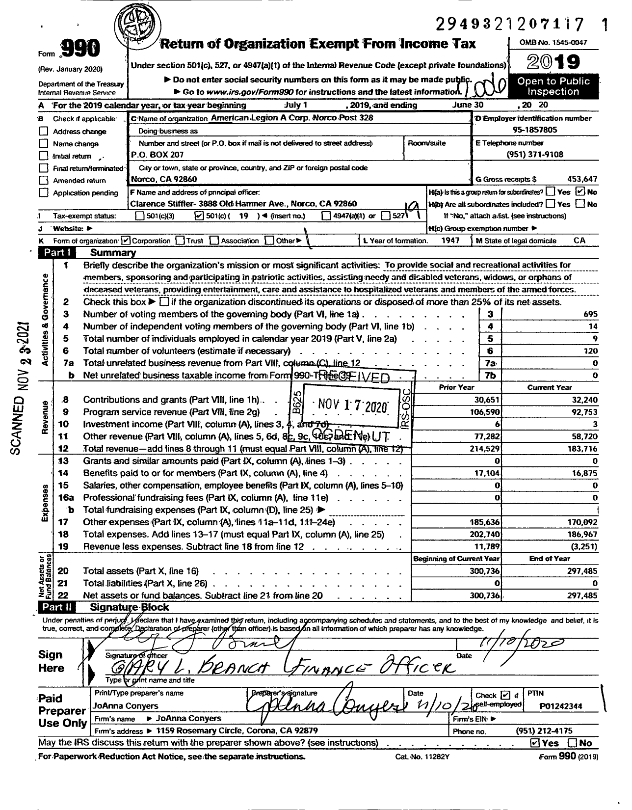 Image of first page of 2019 Form 990O for American Legion - 328 Norco Post