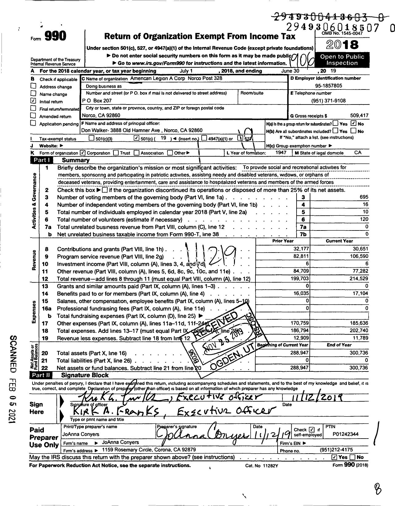 Image of first page of 2018 Form 990O for American Legion - 328 Norco Post