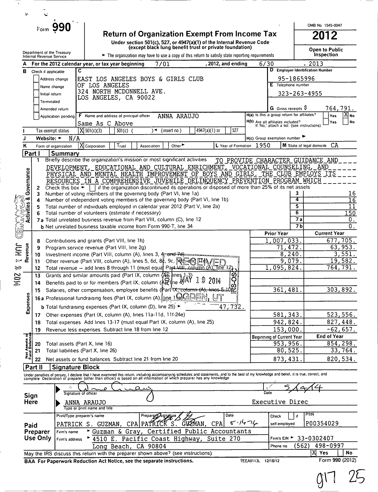 Image of first page of 2012 Form 990 for East Los Angeles Boys and Girls Club