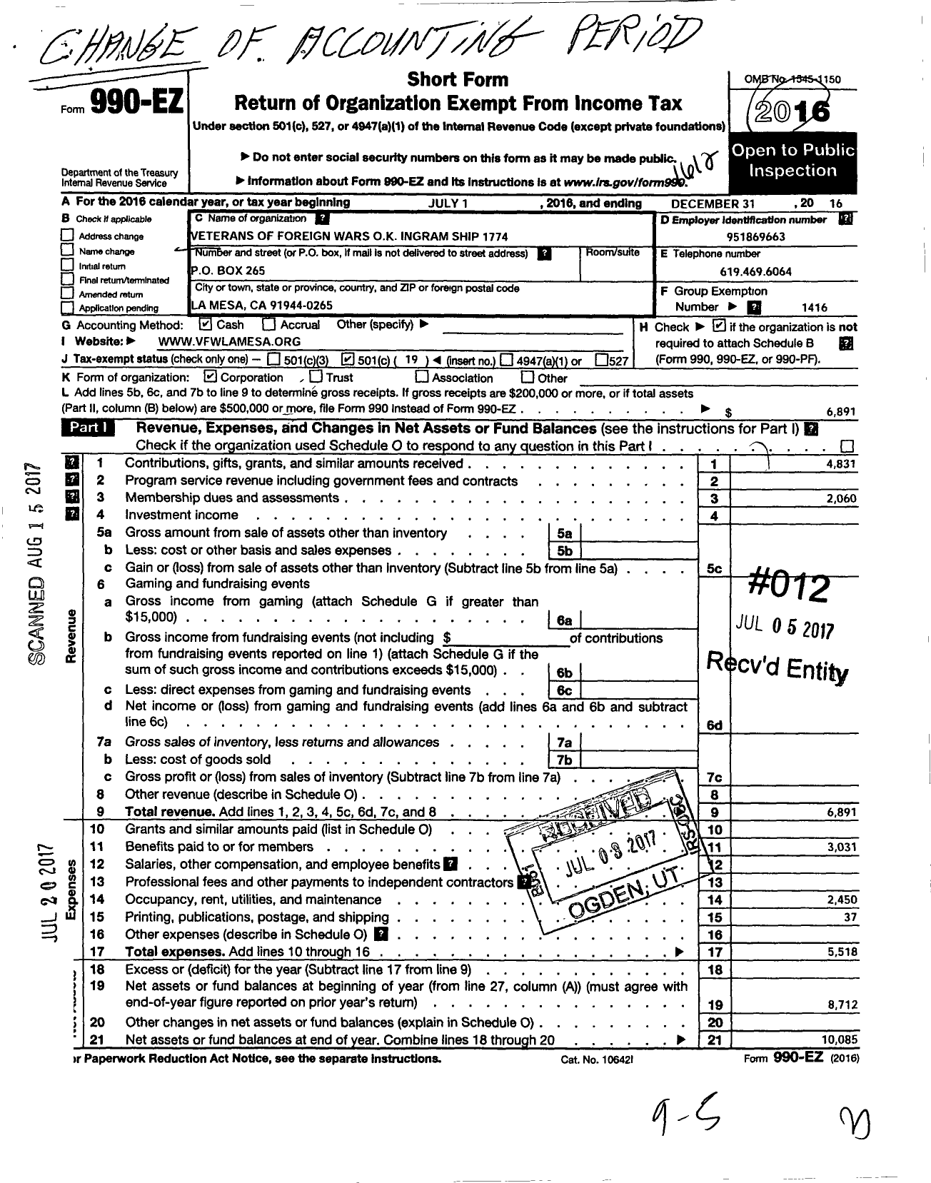 Image of first page of 2016 Form 990EO for VFW California Department - 1774-ok Ingram Ship